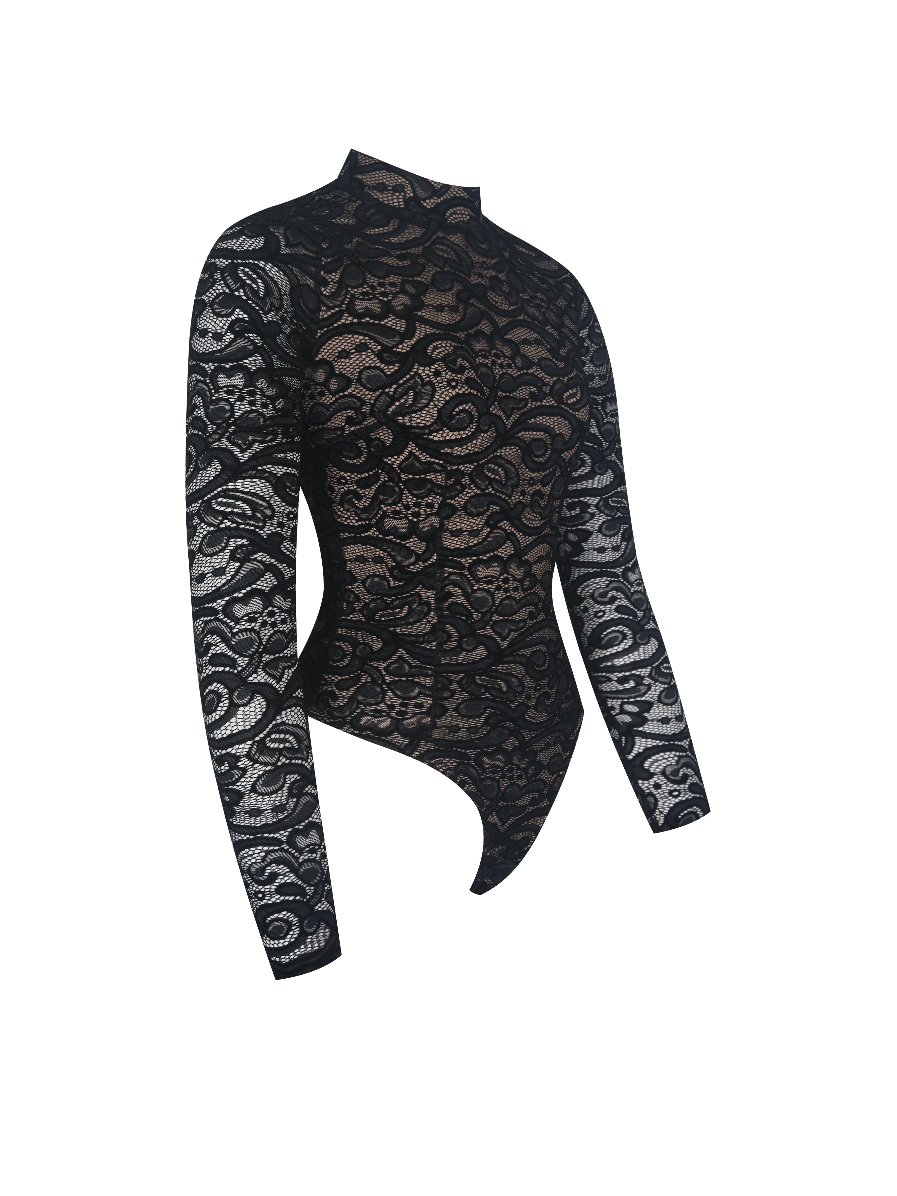 Quenisa Black Chenille Lace Long Sleeve Bodysuit