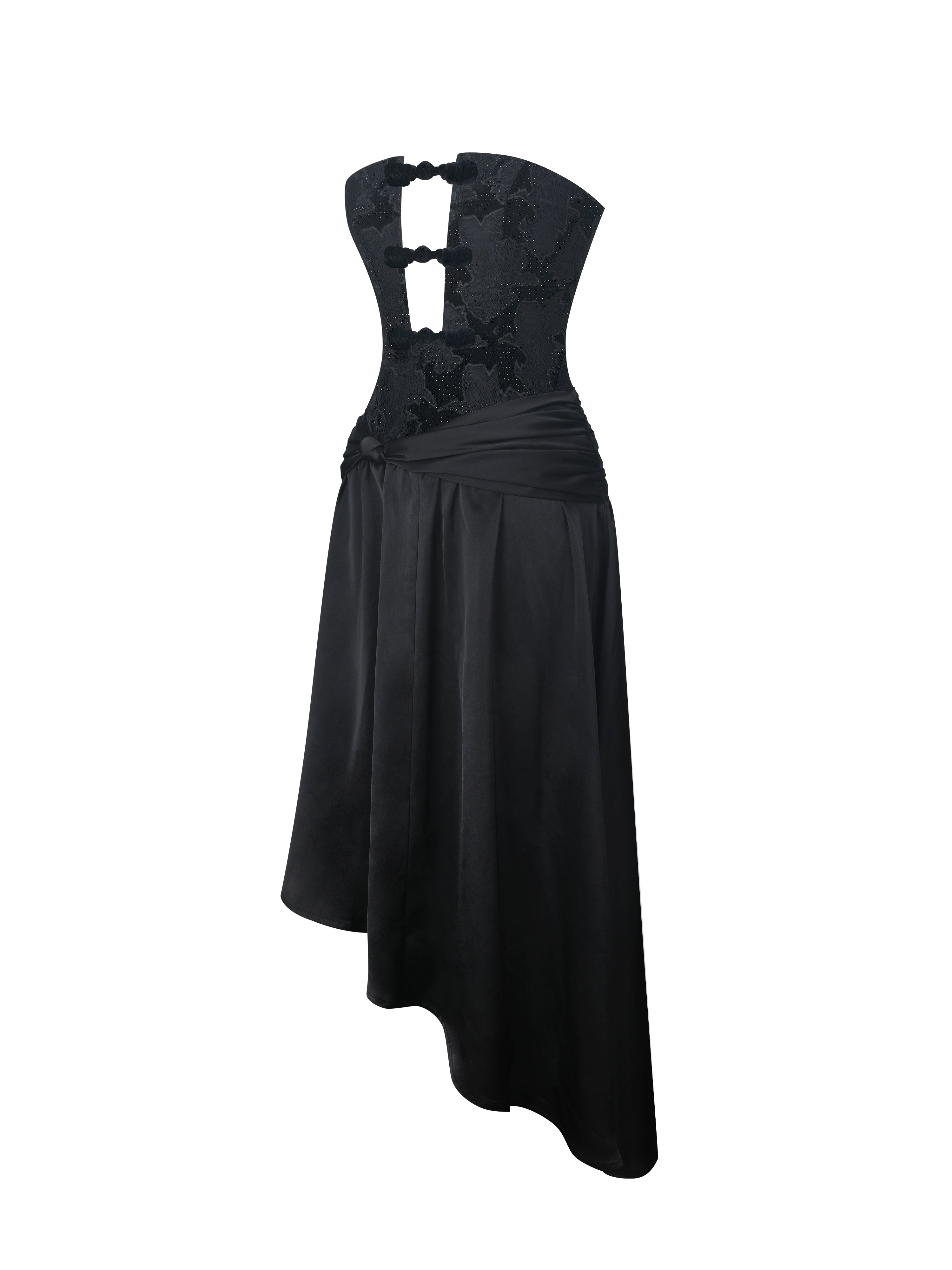 Yoseline Black Velvet Lace Cutout Asymmetrical Satin Midi Dress