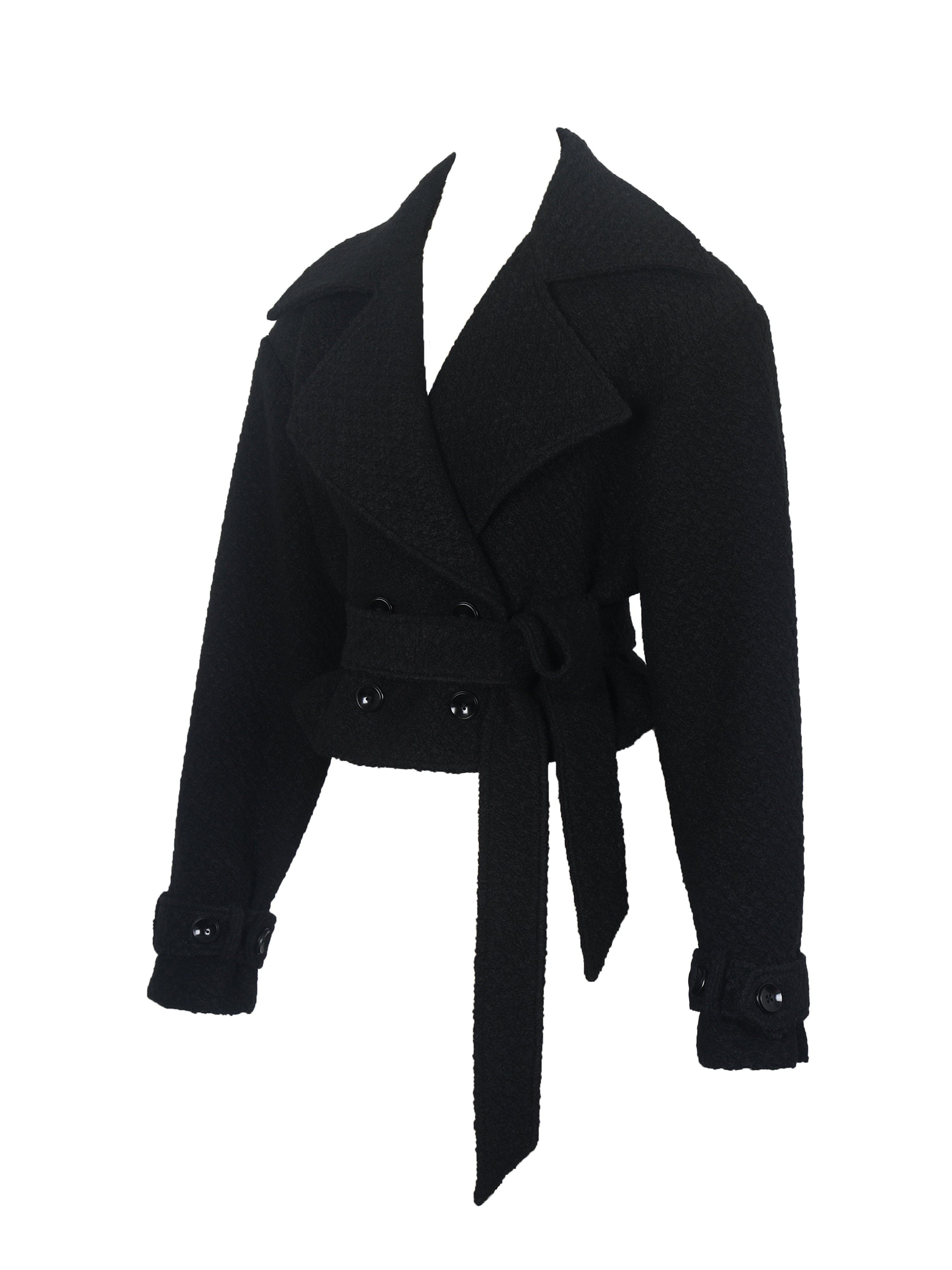Dara Black Wool Blend Cropped Double-Breasted Belted Coat