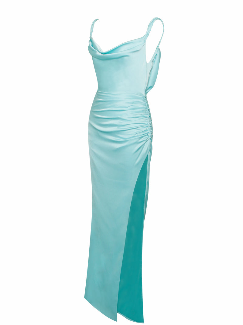 Geena Tiffany Blue High Slit Backless Gown
