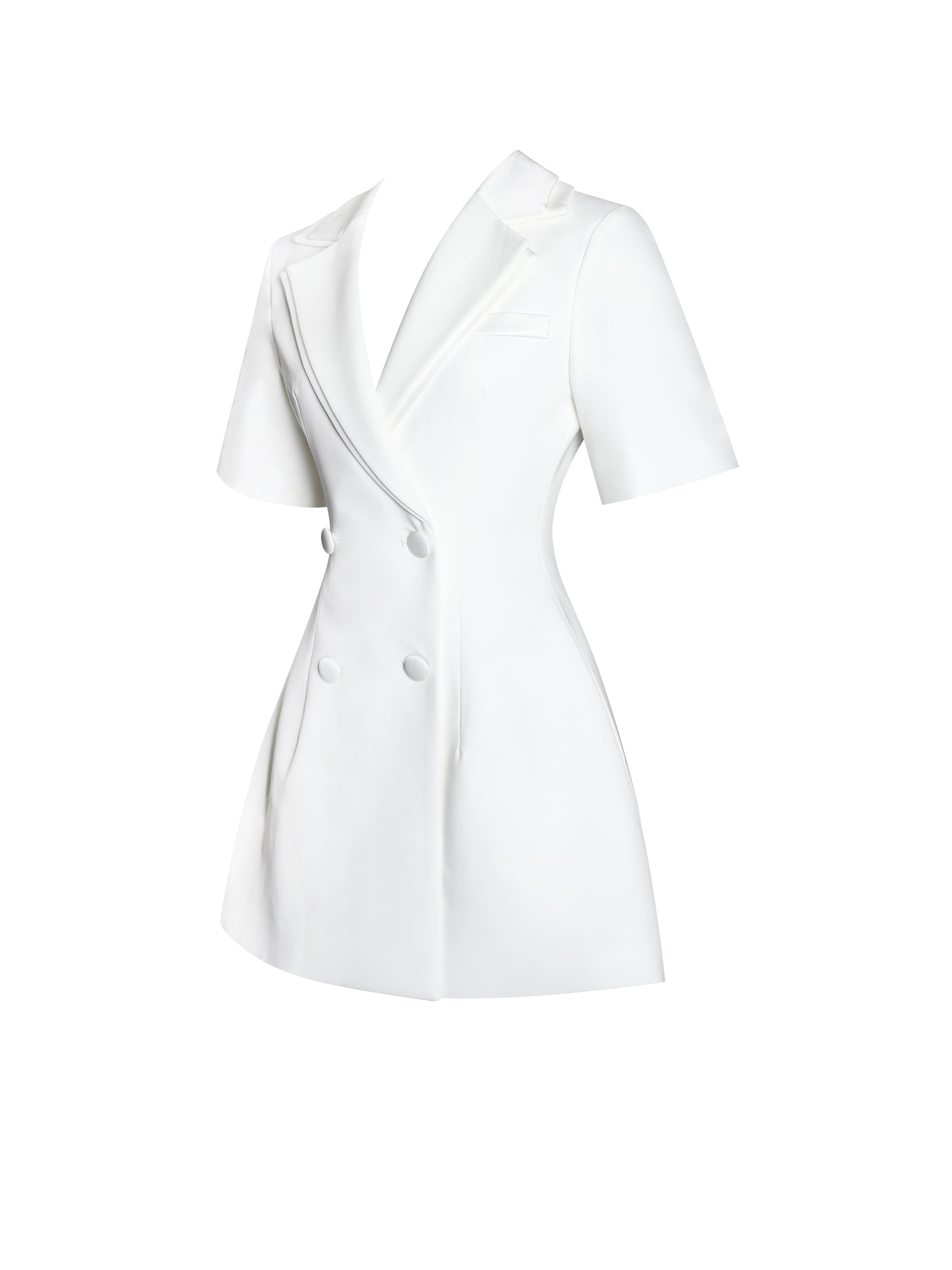 Madelina White Double Breast Satin Trim Blazer Dress