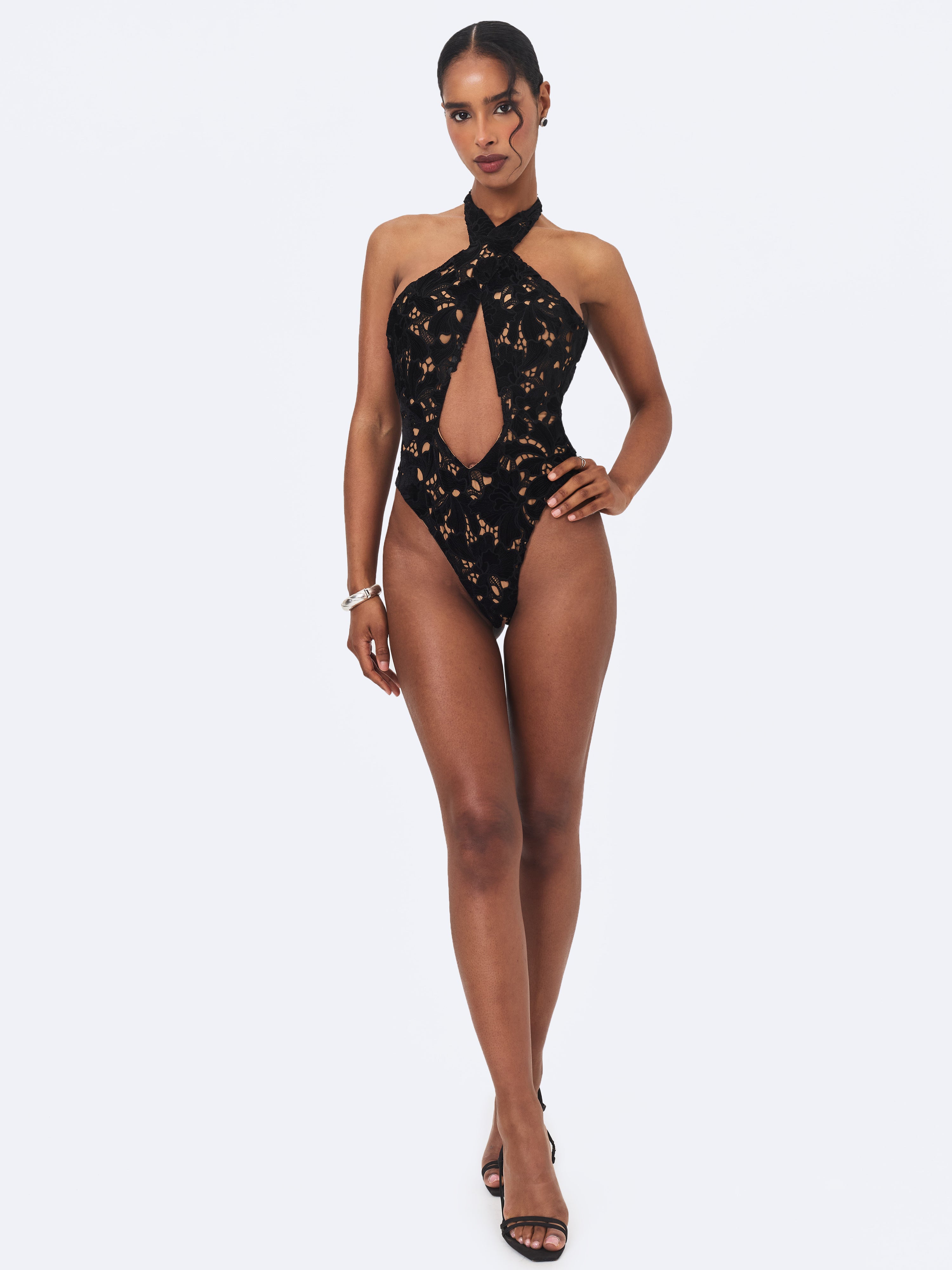 Breanna Black Velvet Lace Crossover Halter Swimsuit