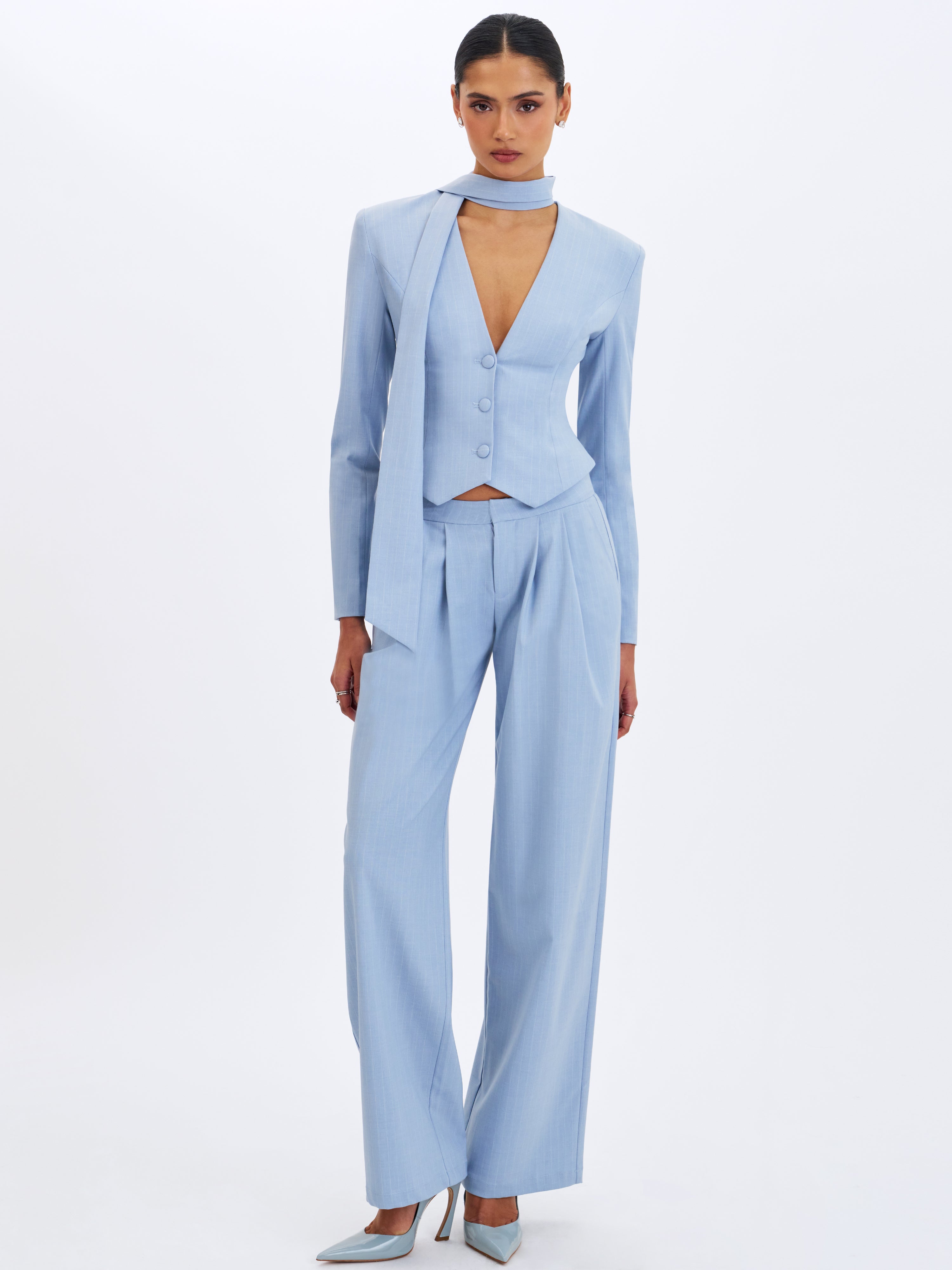 Renley Sky Blue Pinstripe Peplum Blazer