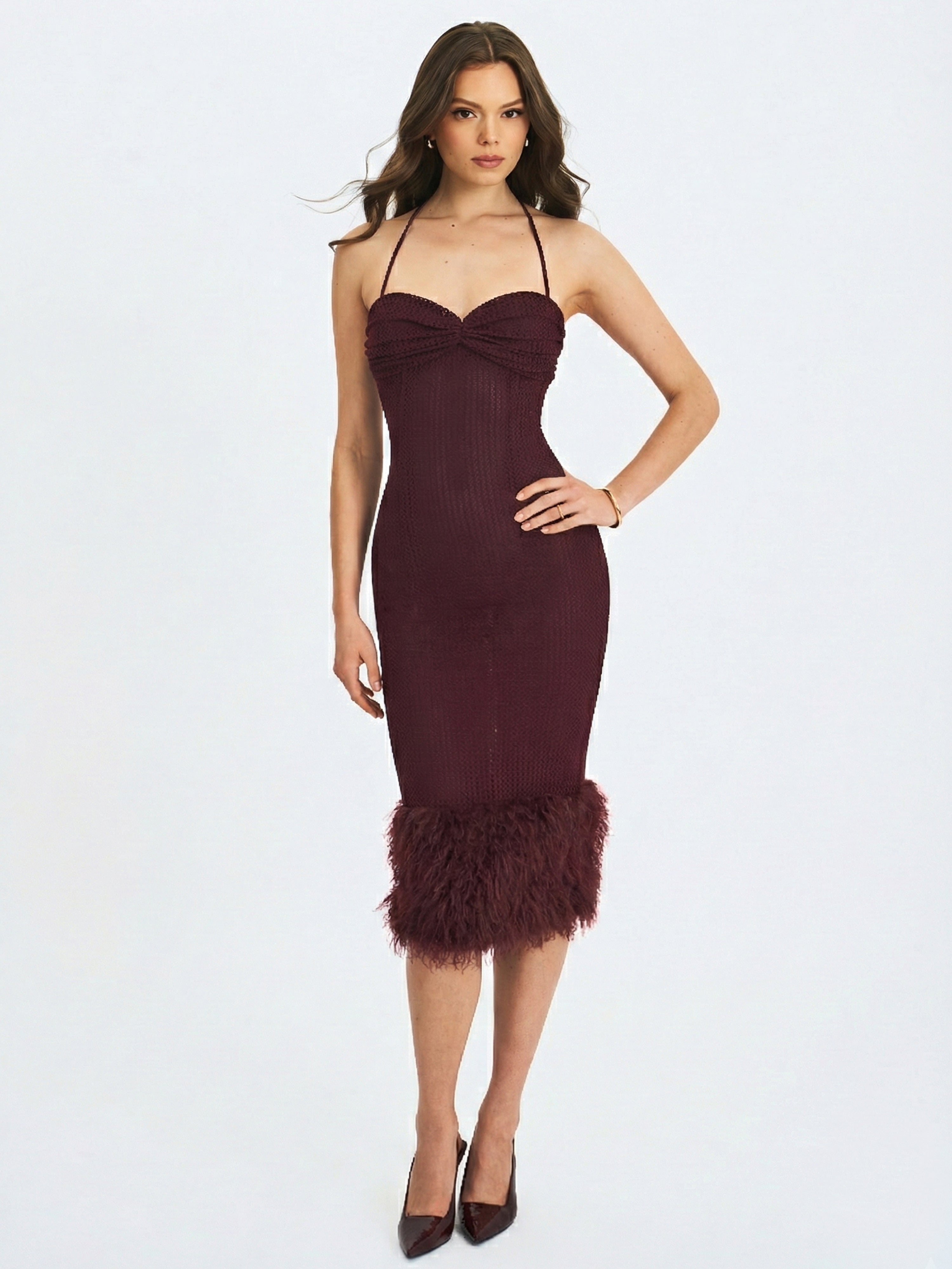 Pluma Maroon Halter Faux-Fur Trimmed Midi Dress