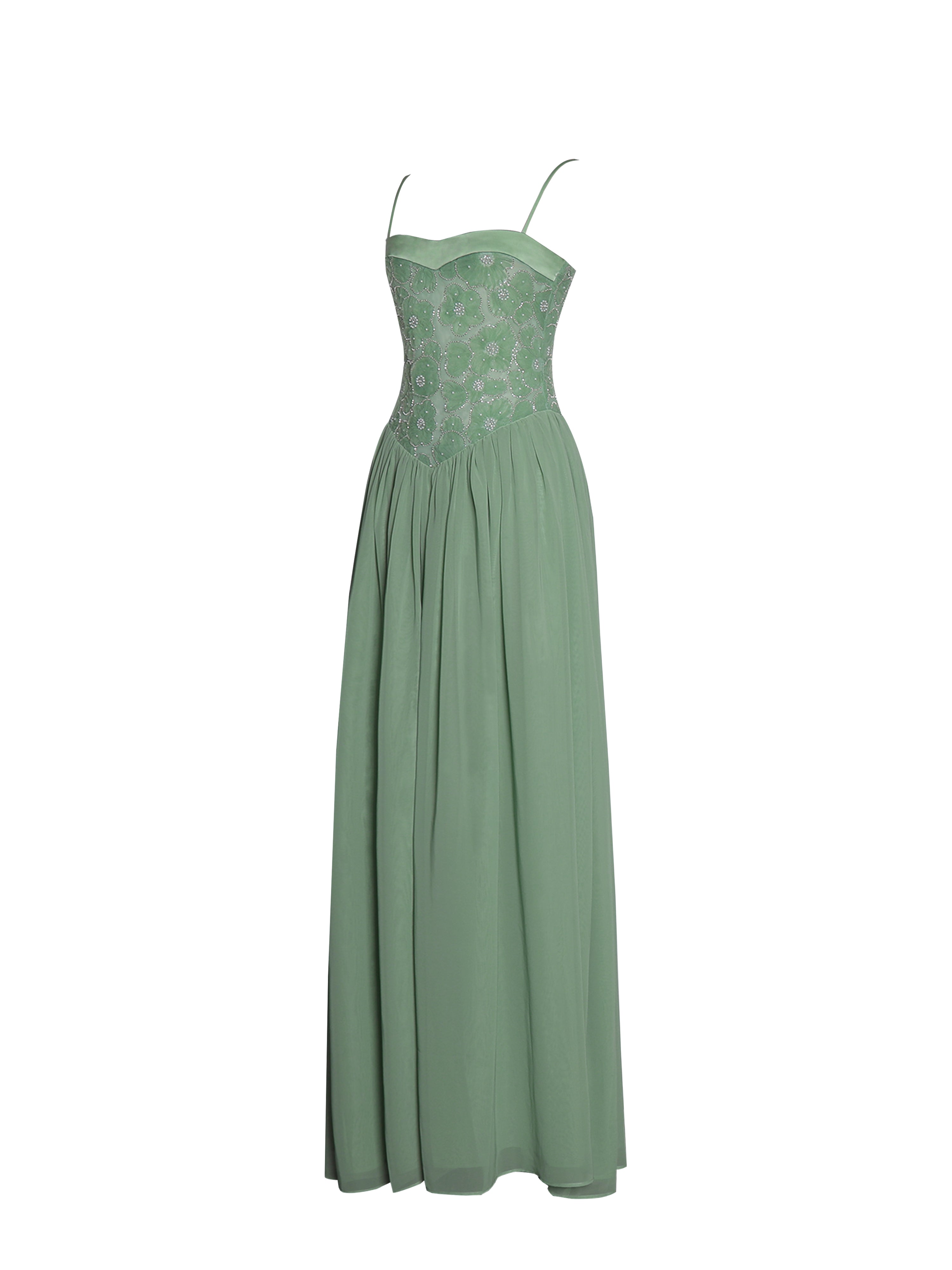 Ucille Sage Green Embroidered Chiffon Maxi Dress (Archive Sale)