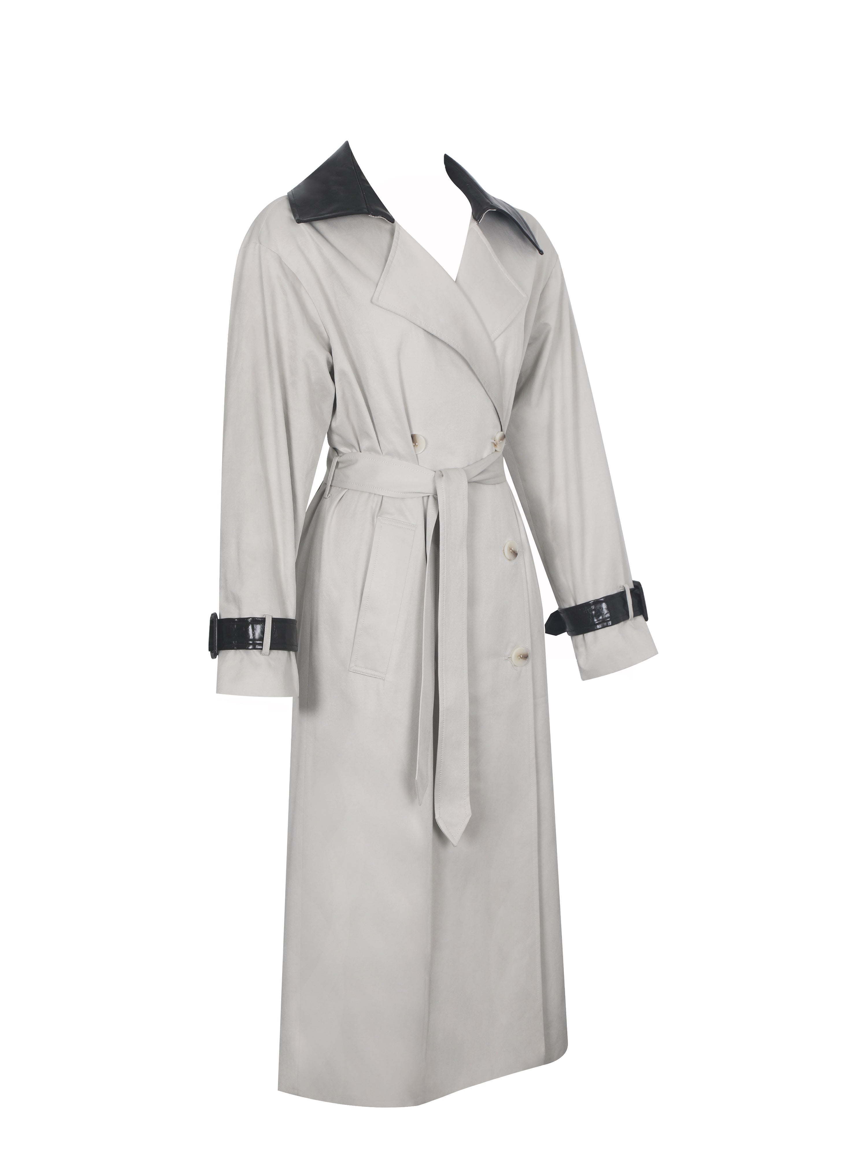 Umber Oyster Double-Breasted Faux Leather Lapel Trench Coat