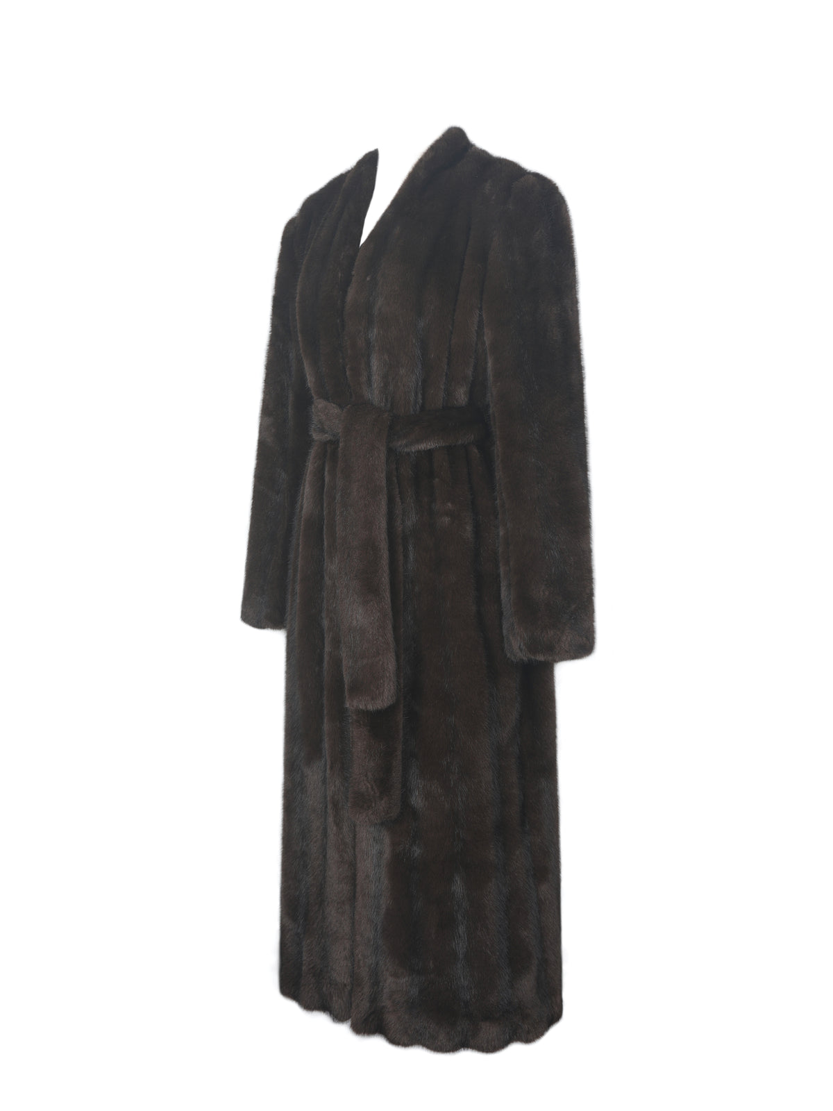 Celine Espresso Faux Mink Belted Longline Coat