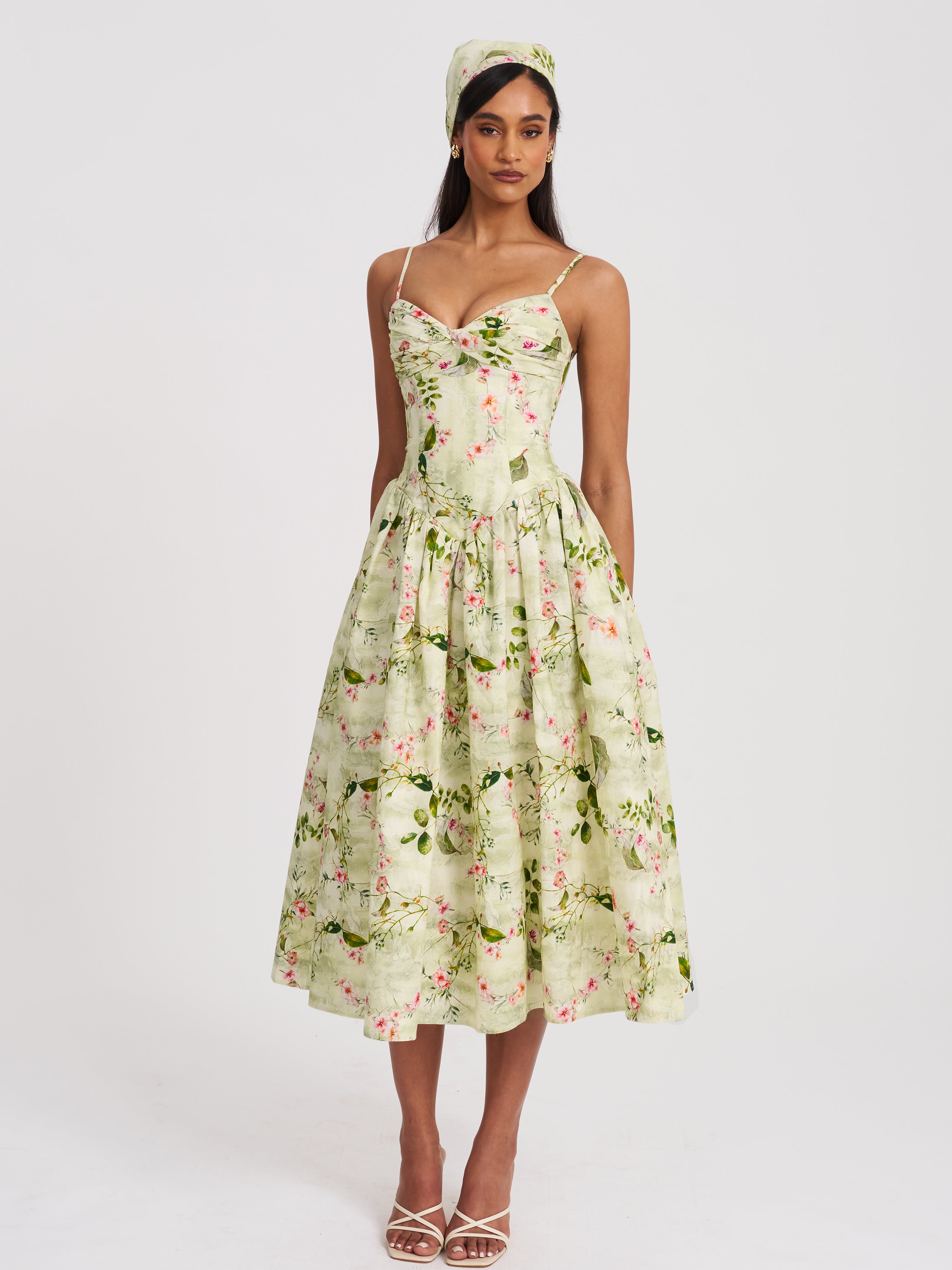 Jacinda Green Floral Print Ruched Breast Linen Midi Dress