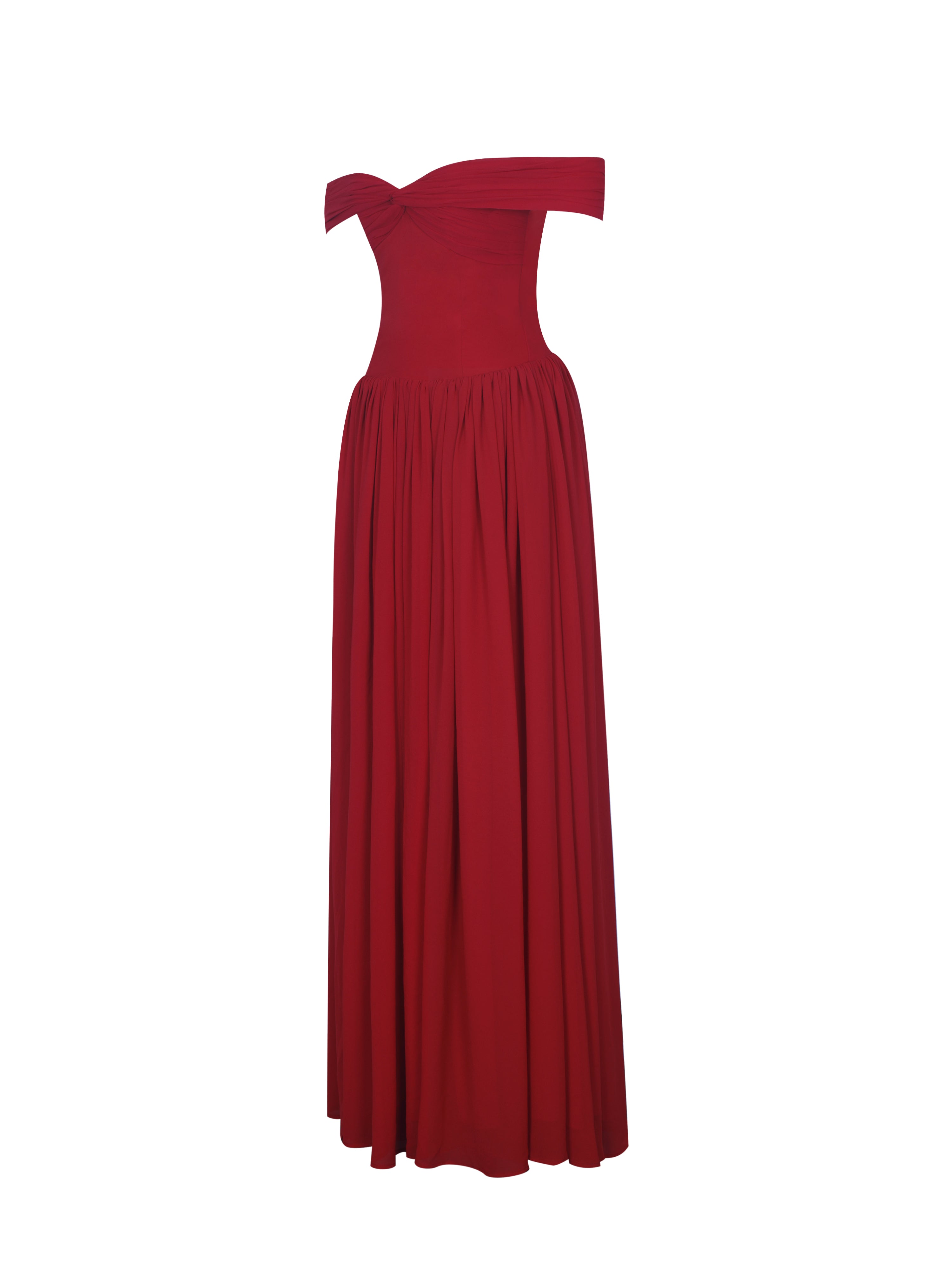Tereza Crimson Georgette Bardot High-Slit Maxi Dress