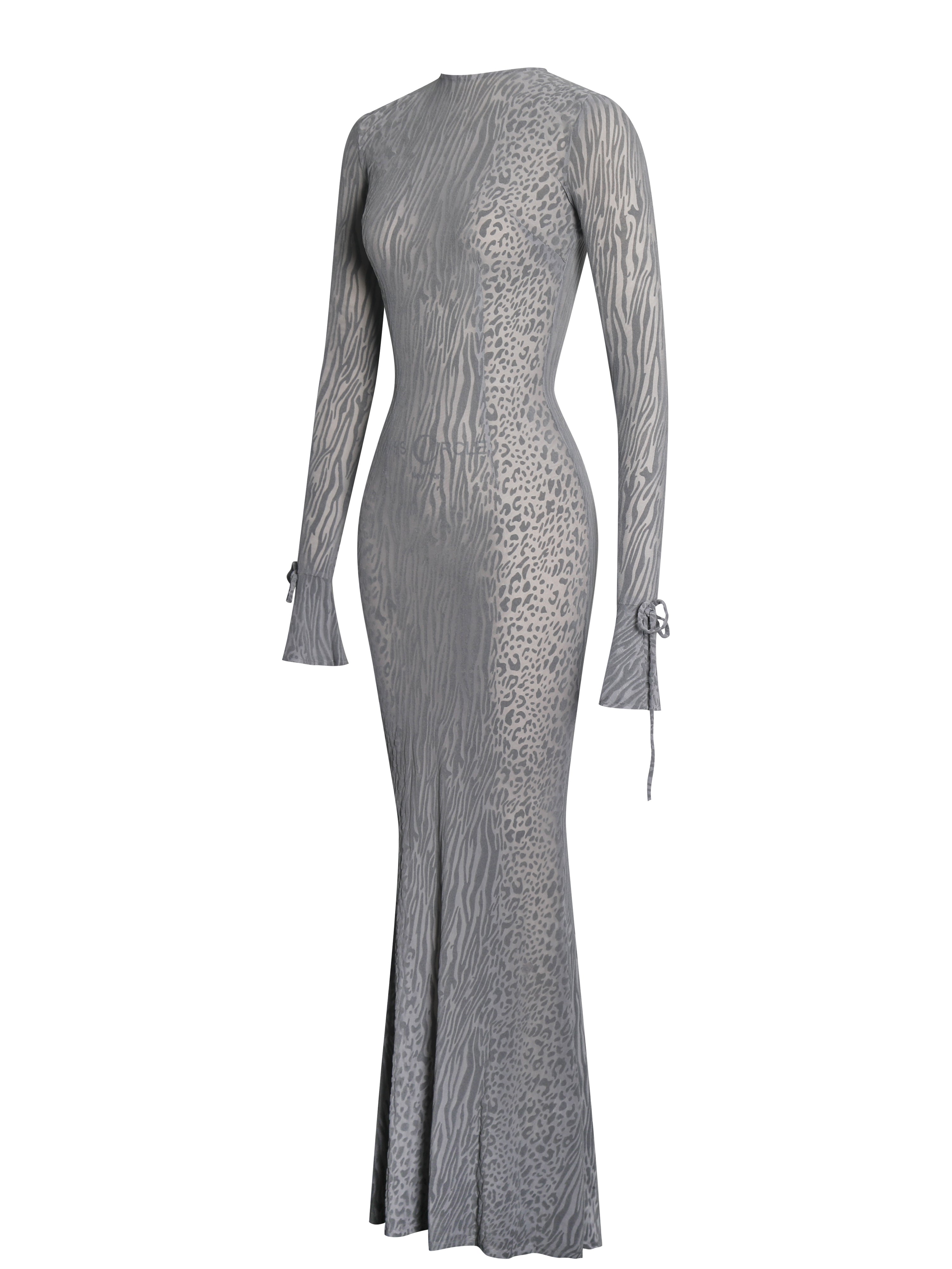 Waylynn Gray Animal Print Burnout Velvet Detail Mesh Backless Maxi Dress