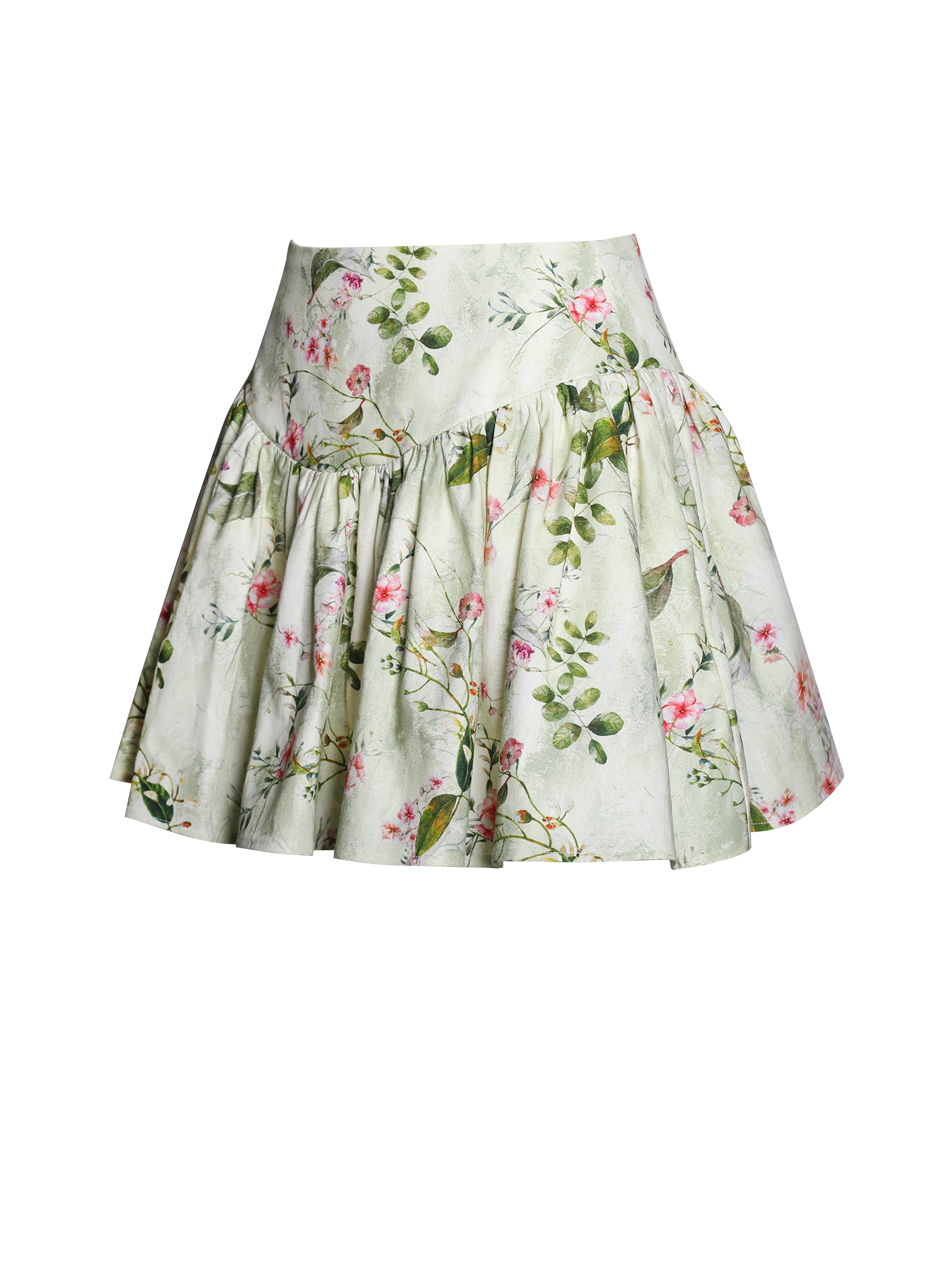 Zanelle Green Floral Print Drop Waist Linen Full Skirt