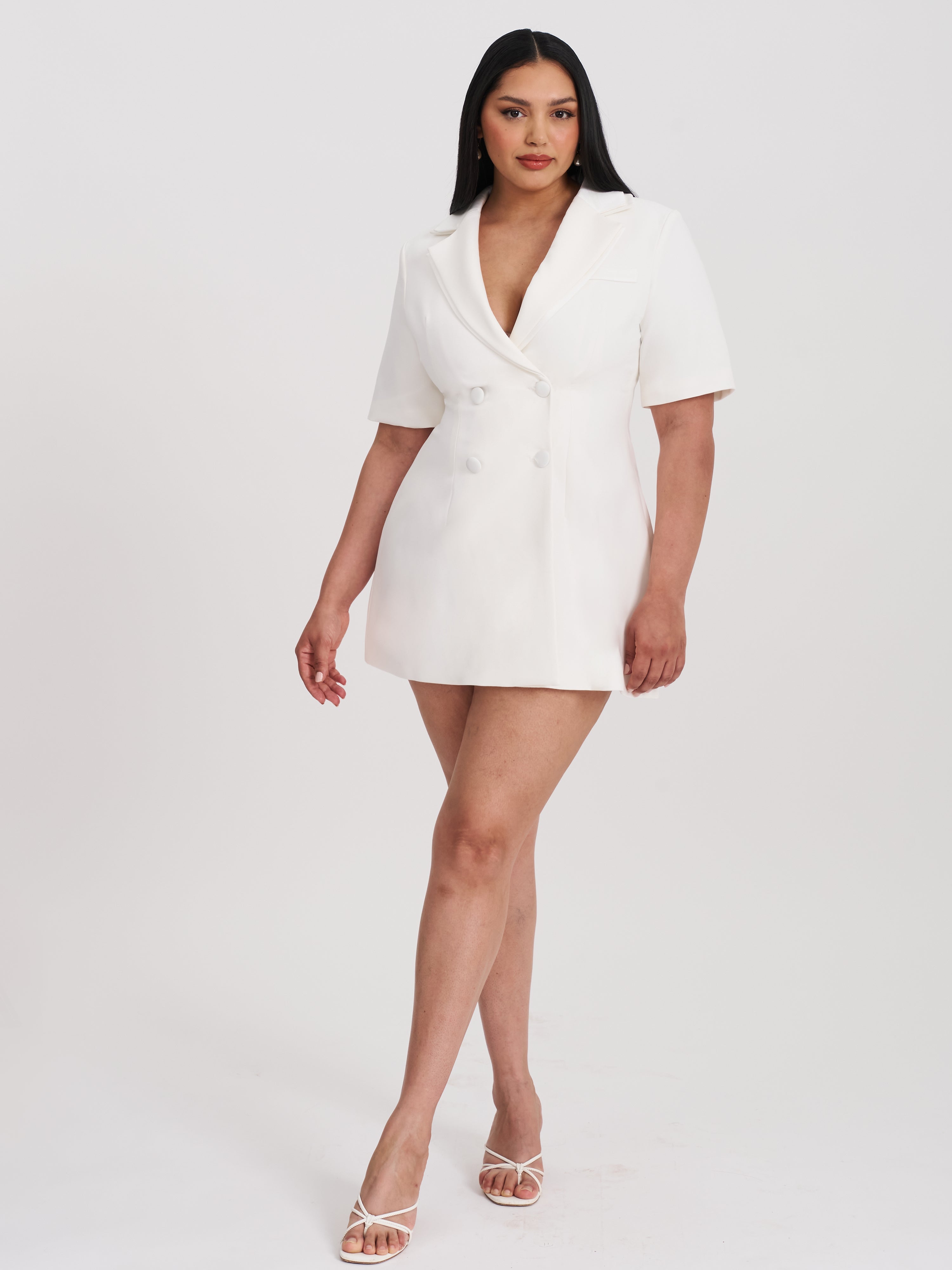 Madelina White Double Breast Satin Trim Blazer Dress