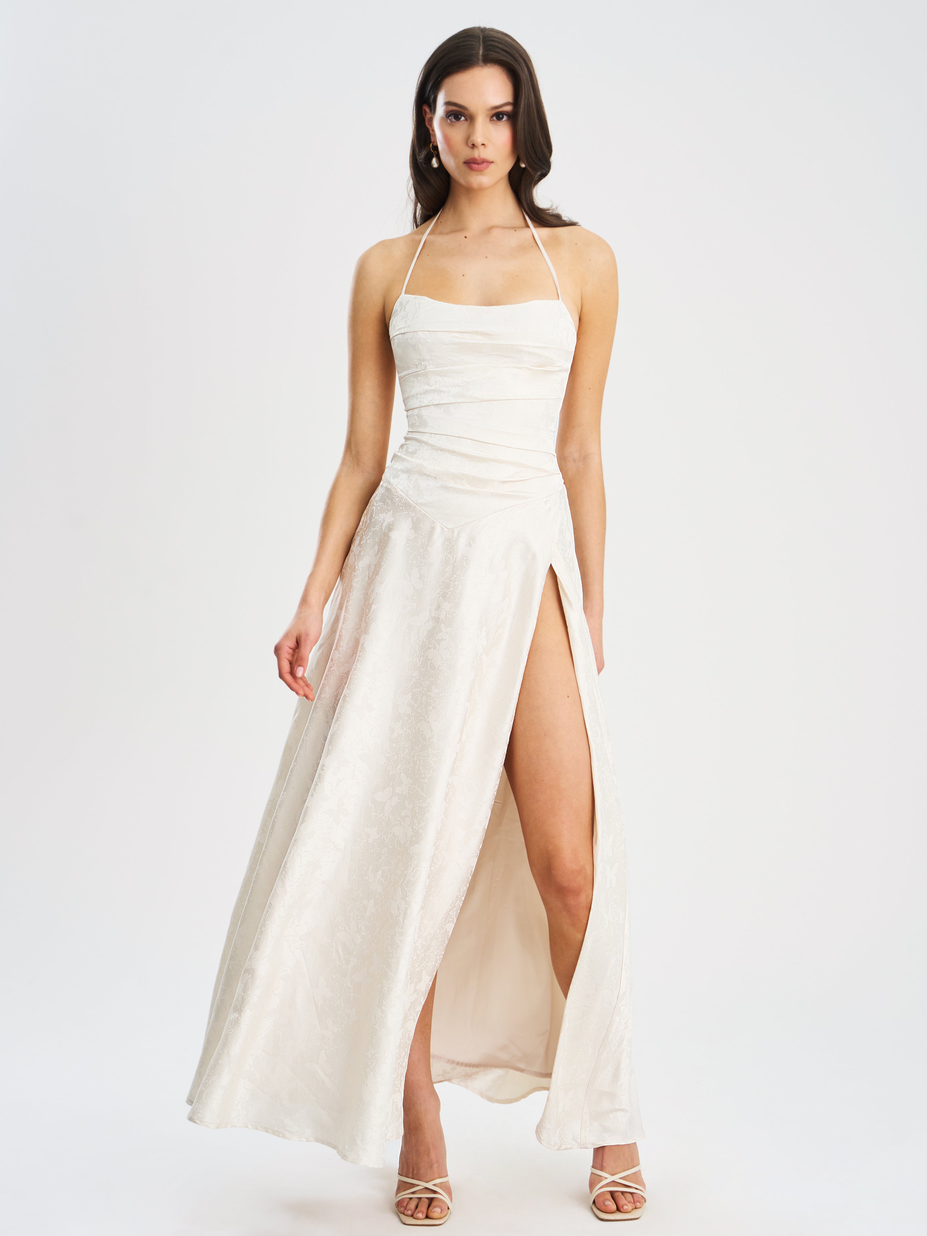 Raegan Pearl White Jacquard Ruched Maxi Dress