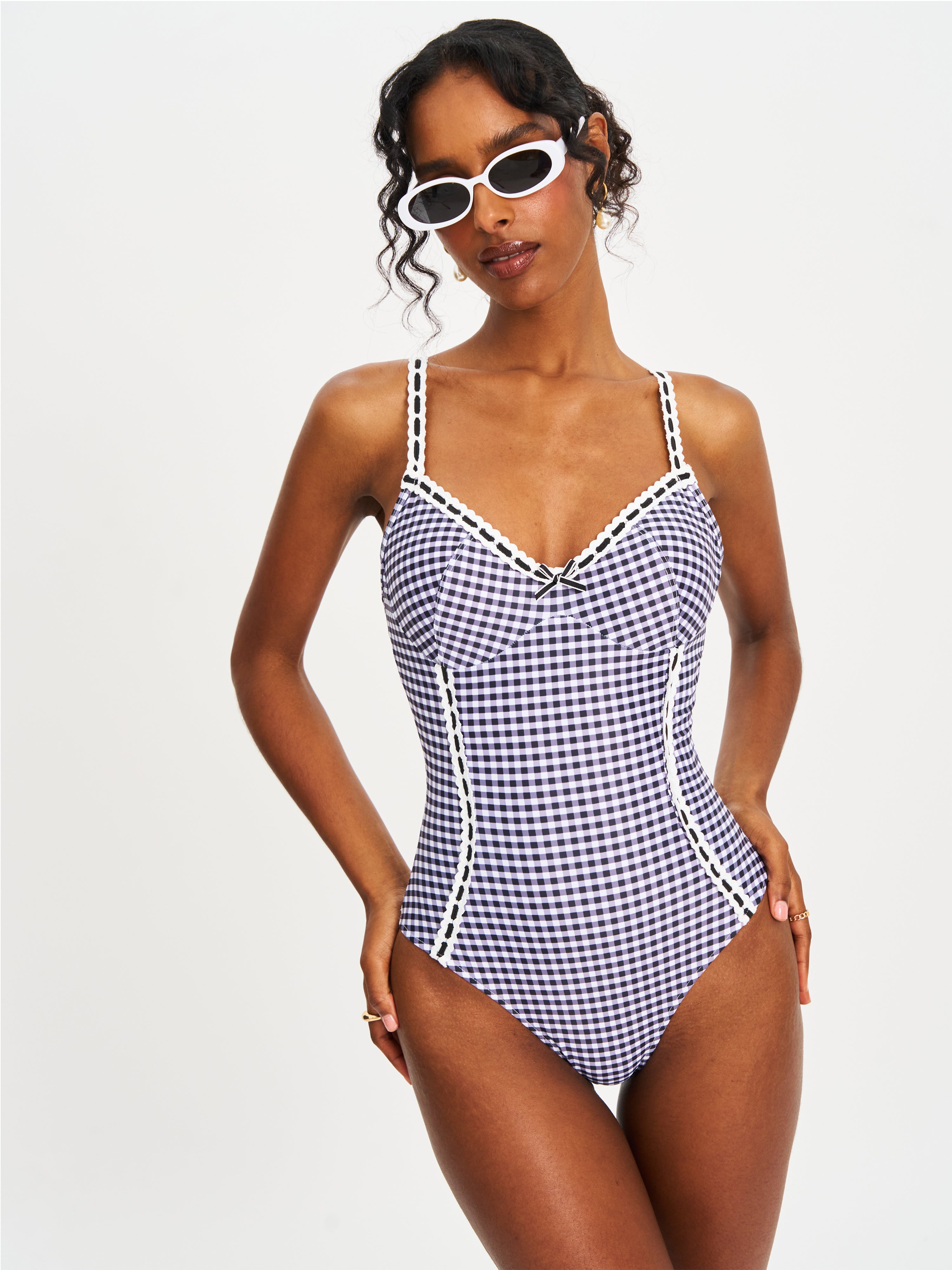Gigi Black Gingham Lace Strap Backless Swimsuit