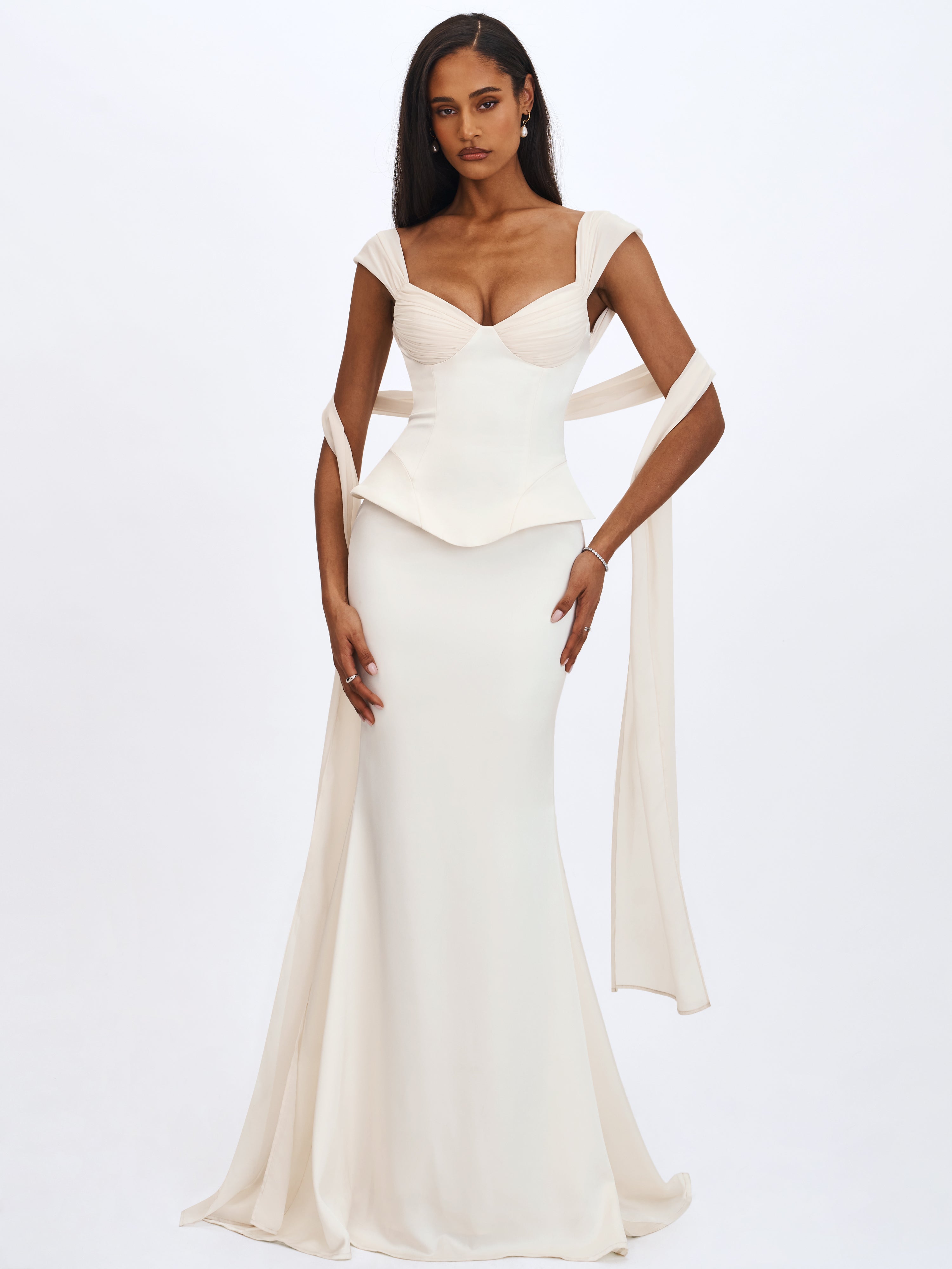 Jessalyn Ivory Sweetheart Peplum Mermaid Wedding Dress with Chiffon Scarf (PREORDER)