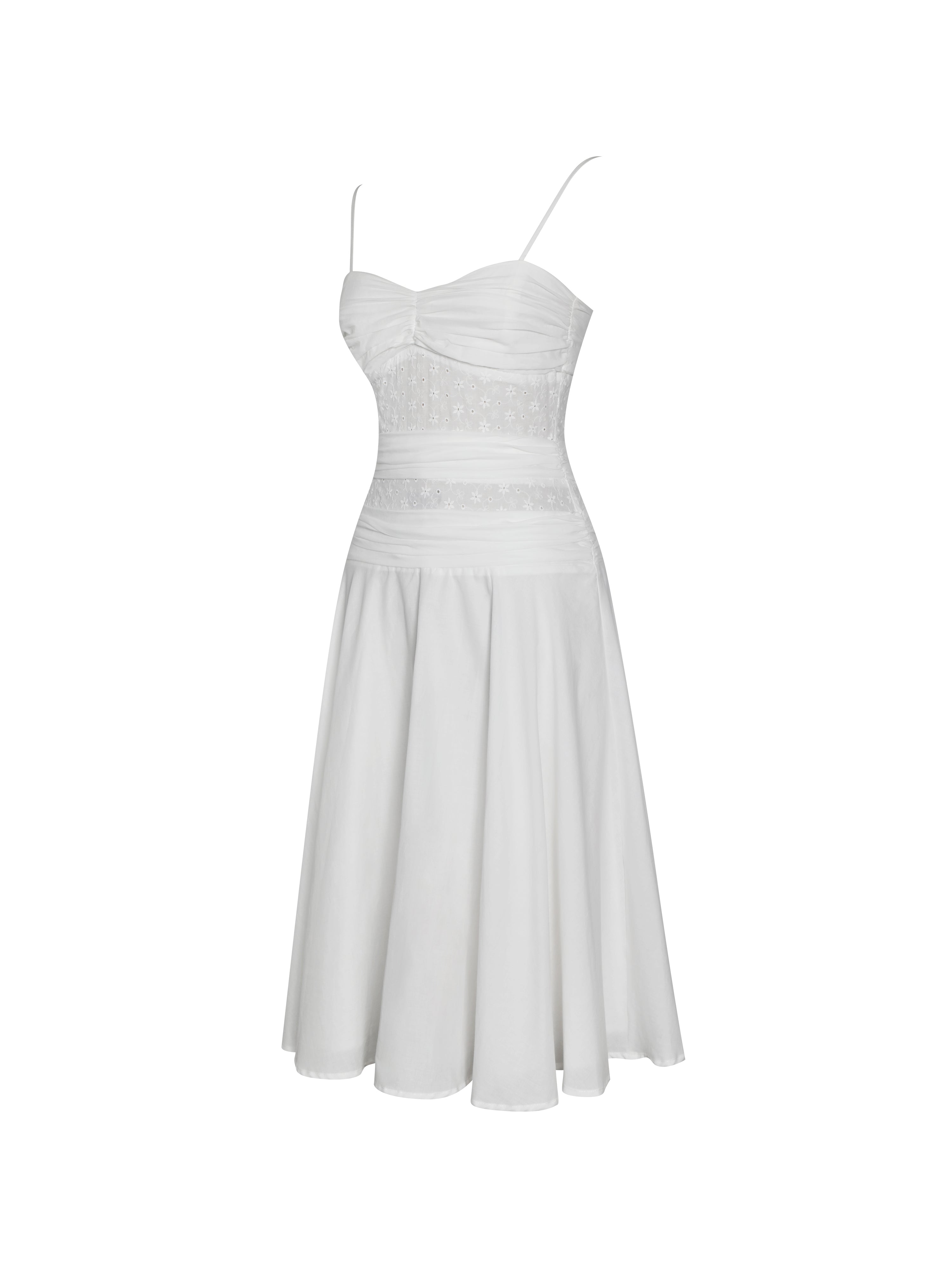 Maelis White Eyelet Drop Waist Cotton Midi Dress
