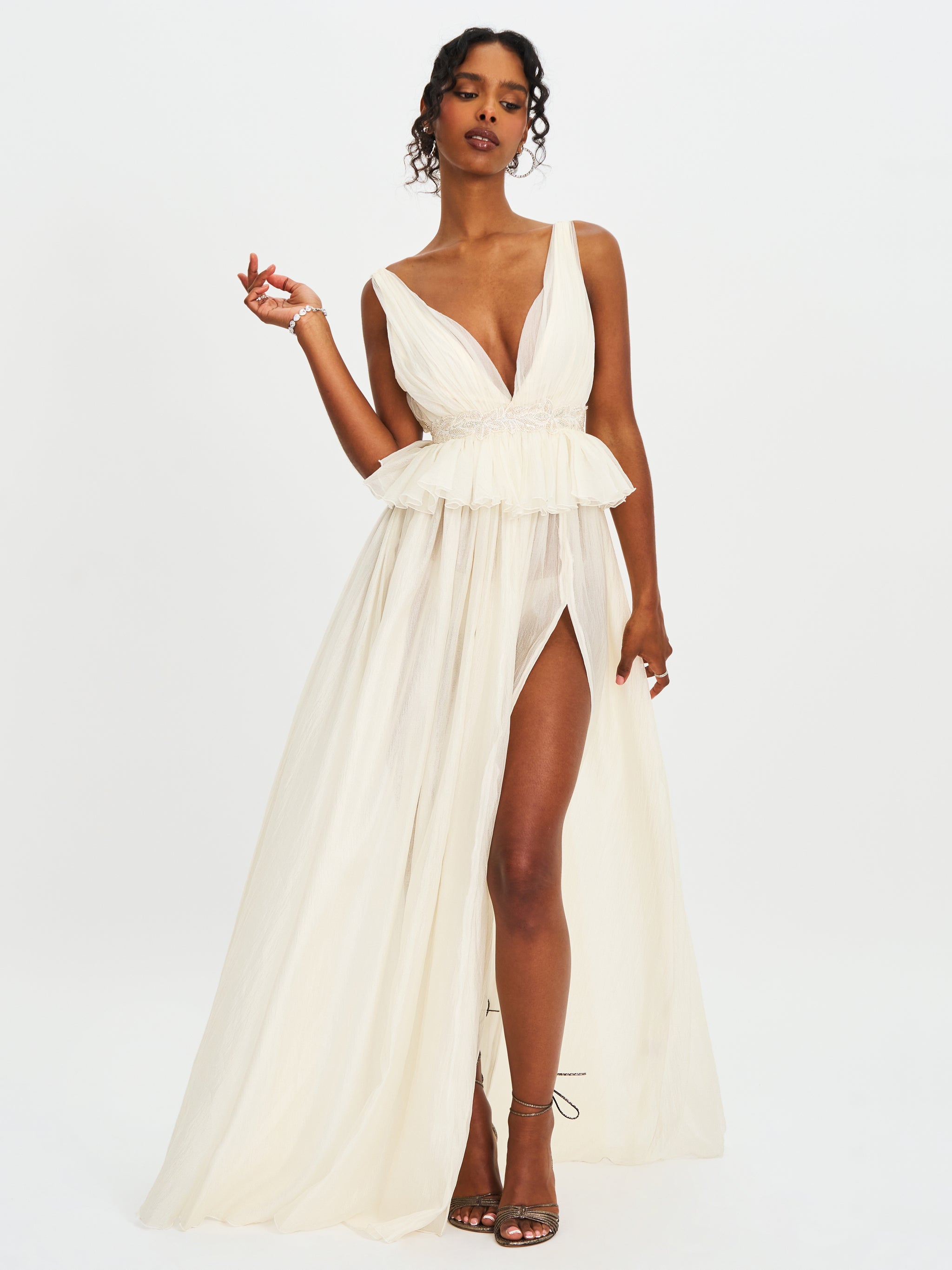 white dress spaghetti strap Calleigh Off White Flare Beaded Belt Maxi Gown