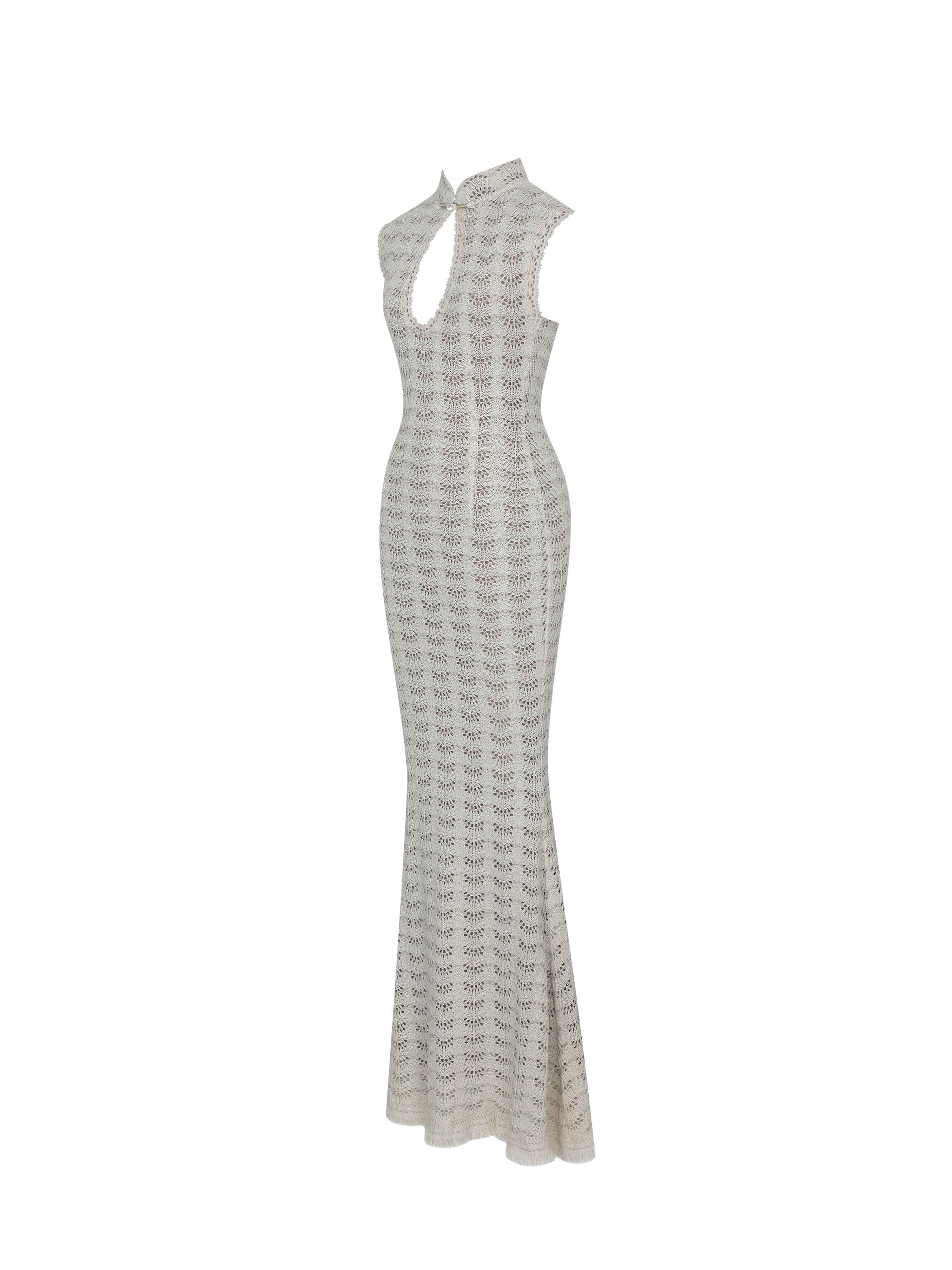 Xylona Beige & Gold Crochet Teardrop Neckline Mermaid Maxi Dress