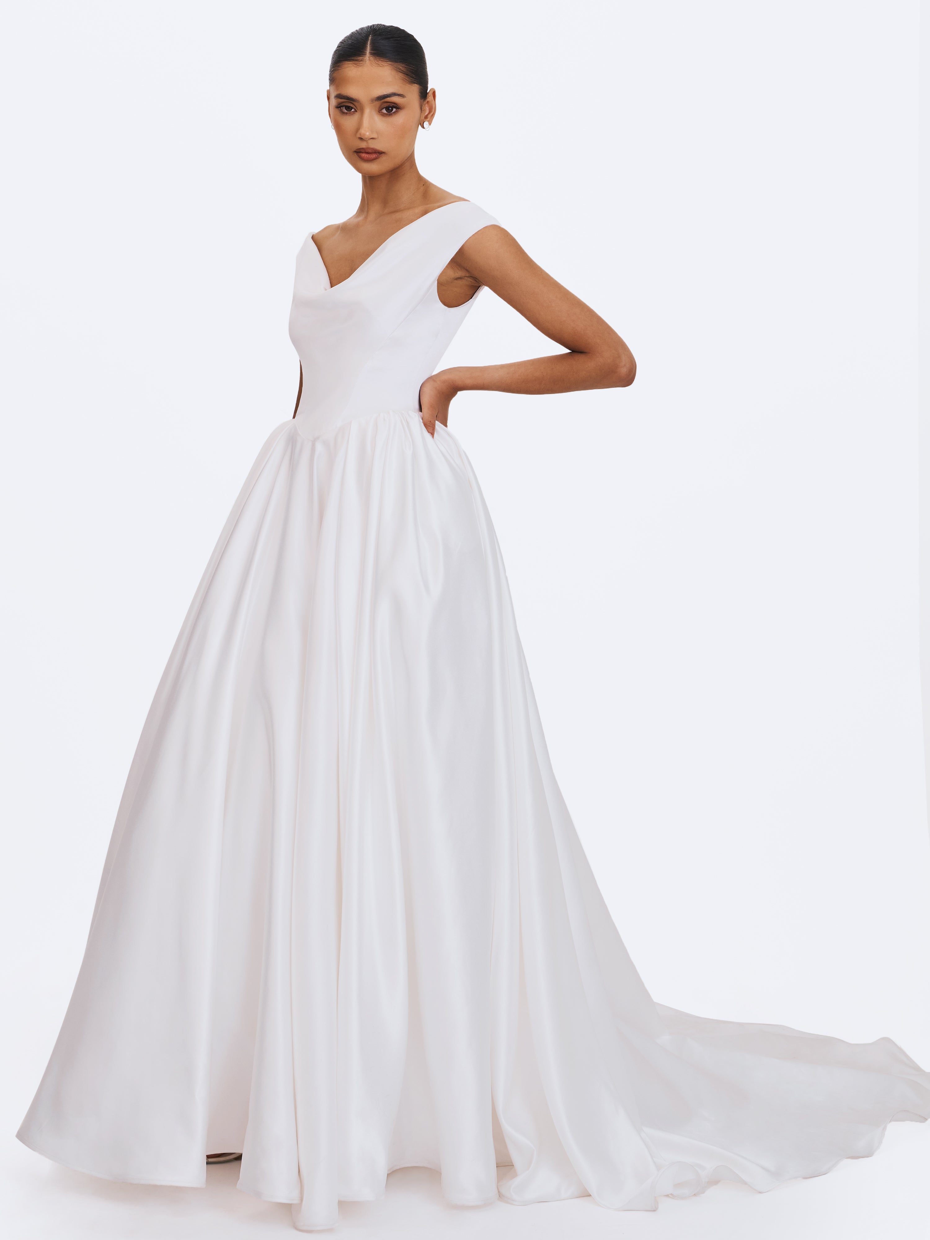 Unna White Satin Bardot Cowl Wedding Gown (PREORDER)