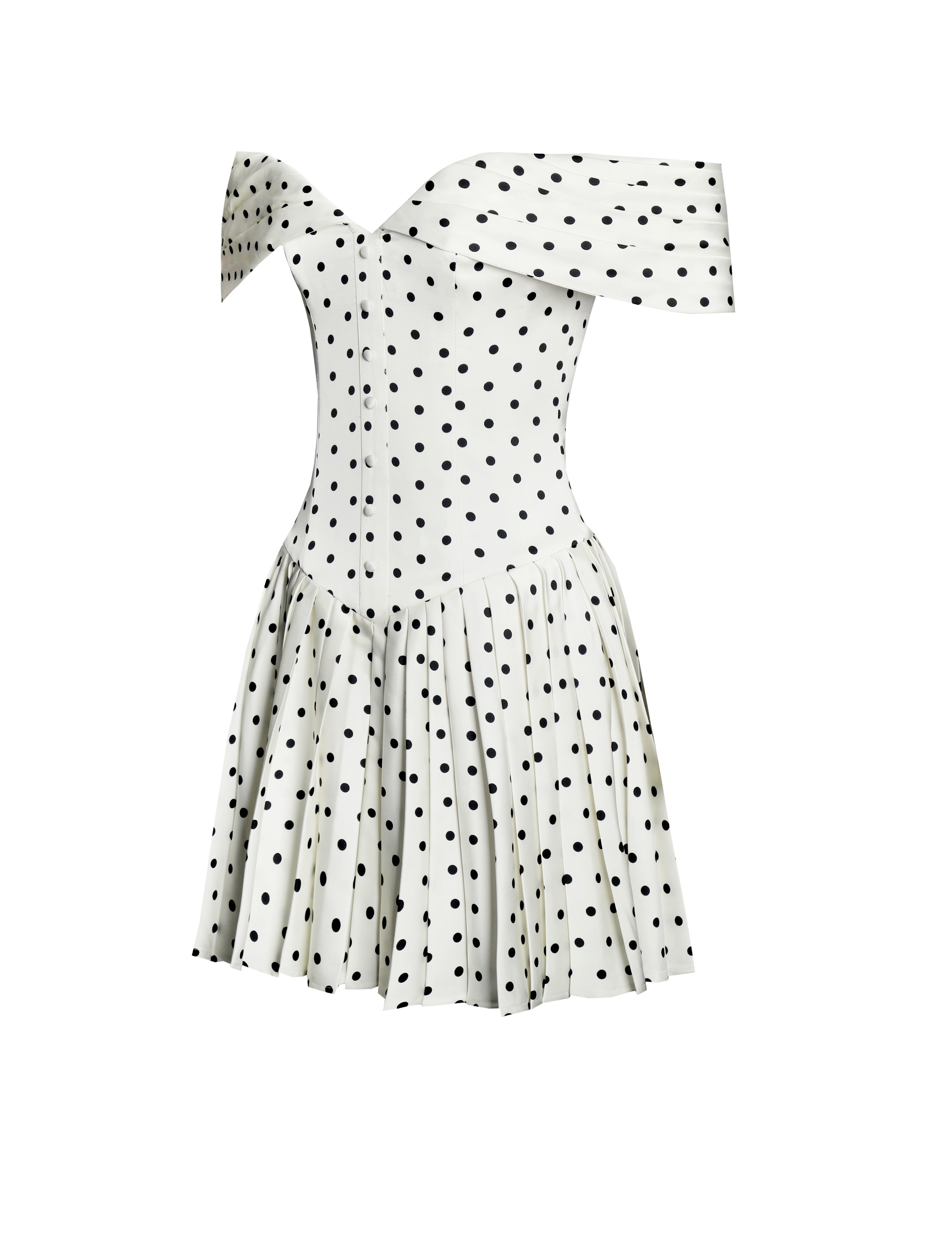 Edeline Polka Dot Off-shoulder Pleated Mini Dress