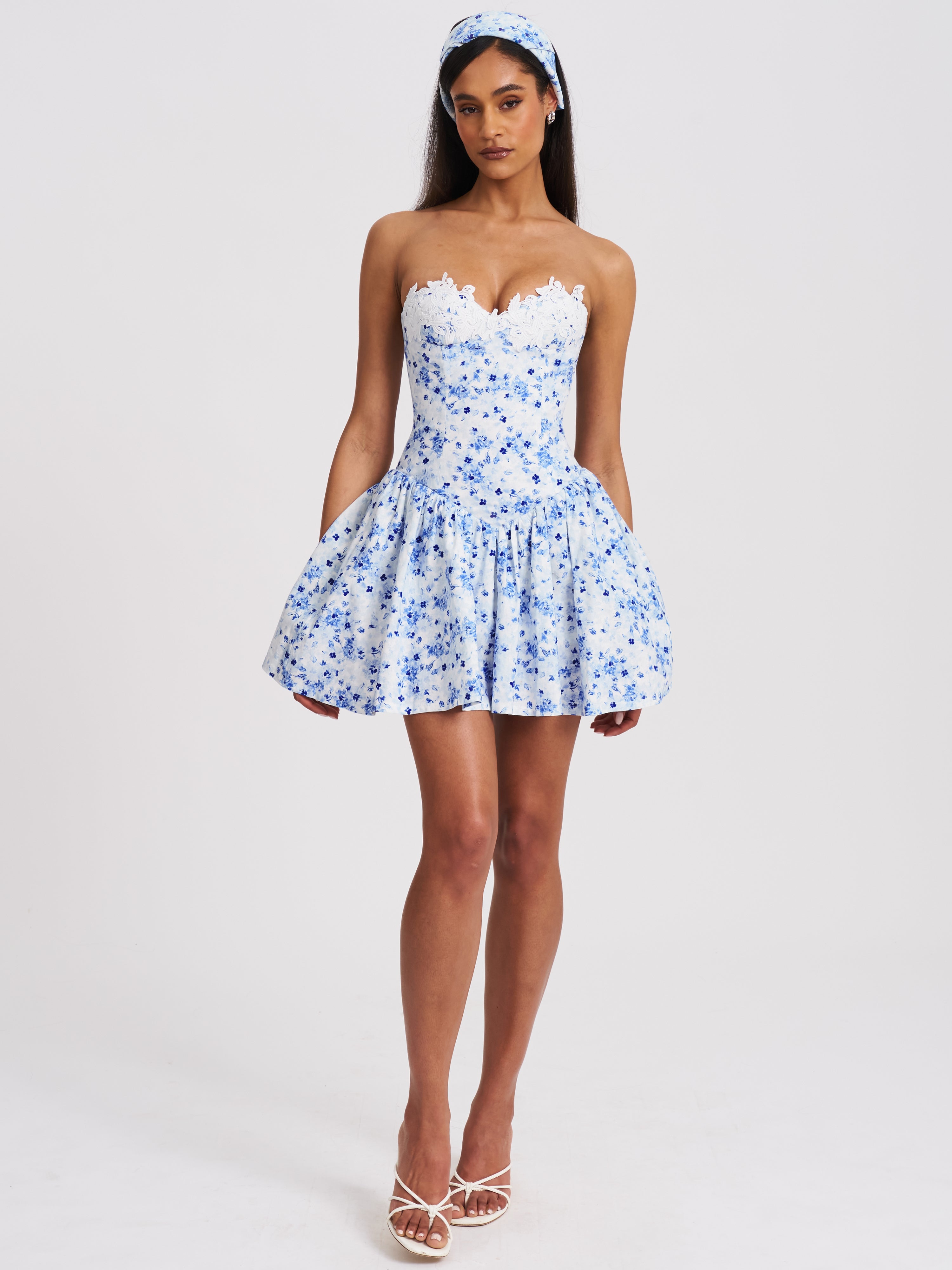 Taleah Blue Floral Print Linen Mini Dress with Lace Trim
