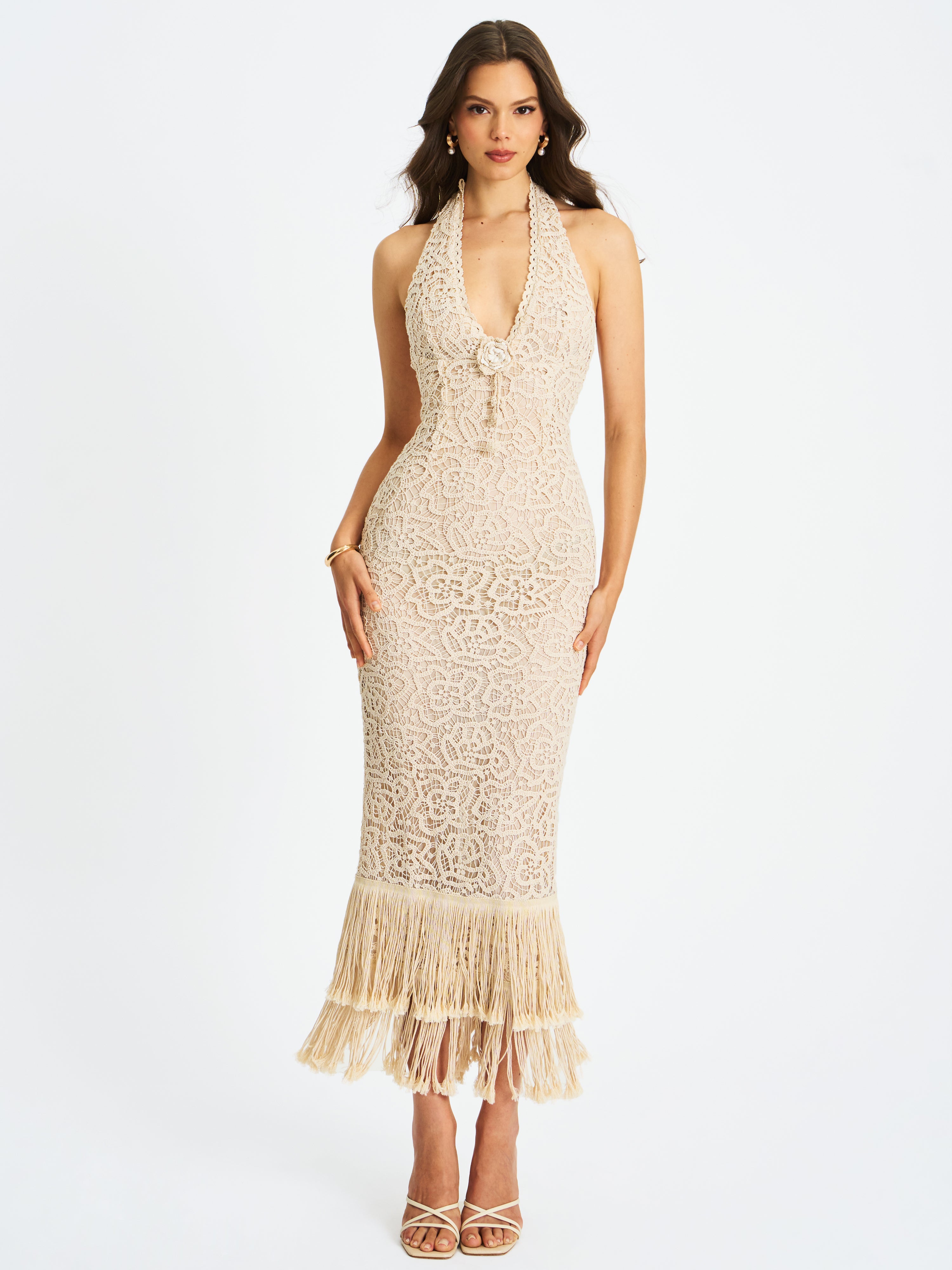 Faelyn Off-White Double Fringe Crochet Halter Maxi Dress