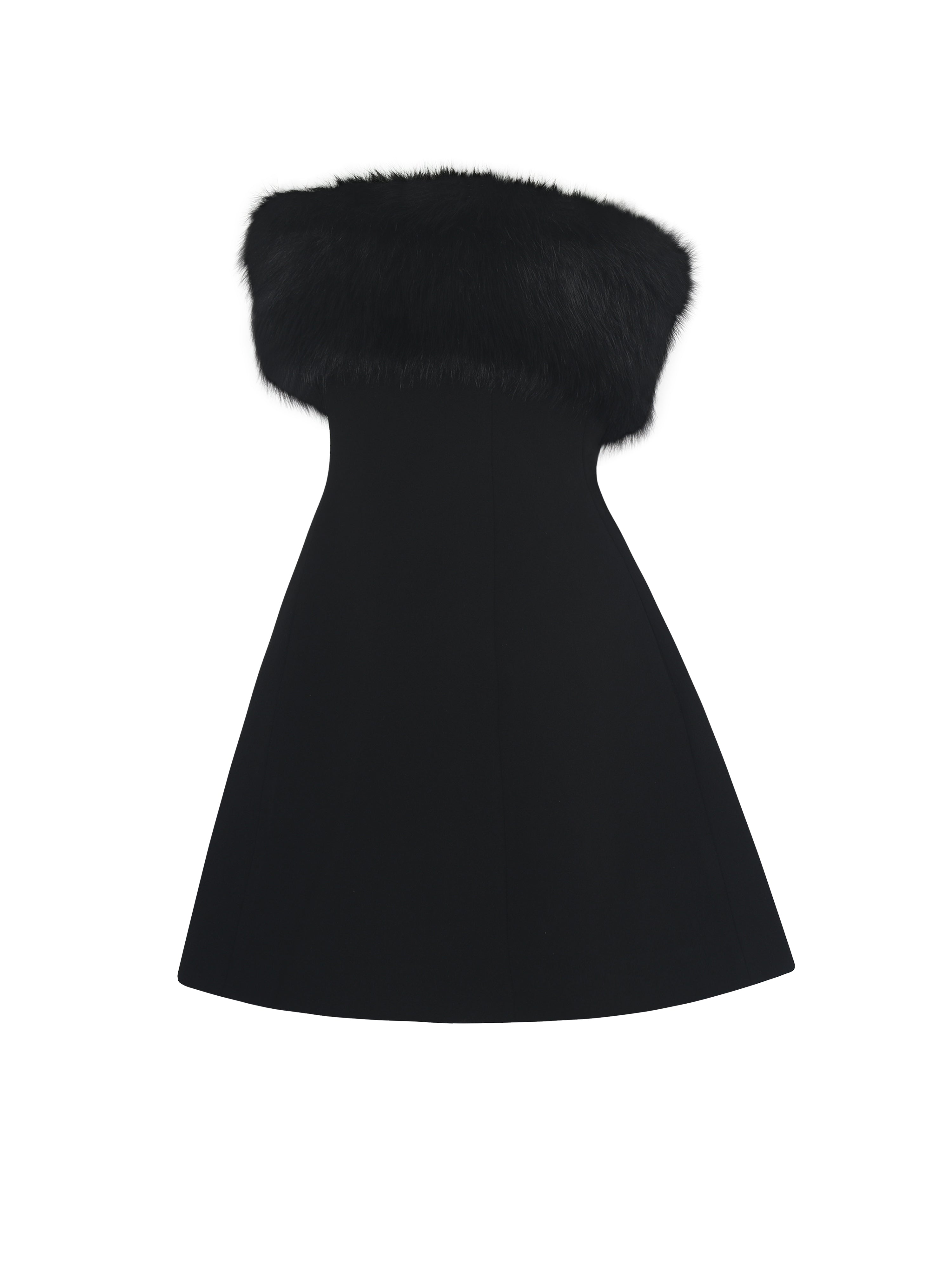 Evelyn Black Fur-Trimmed Mini A-Line Dress