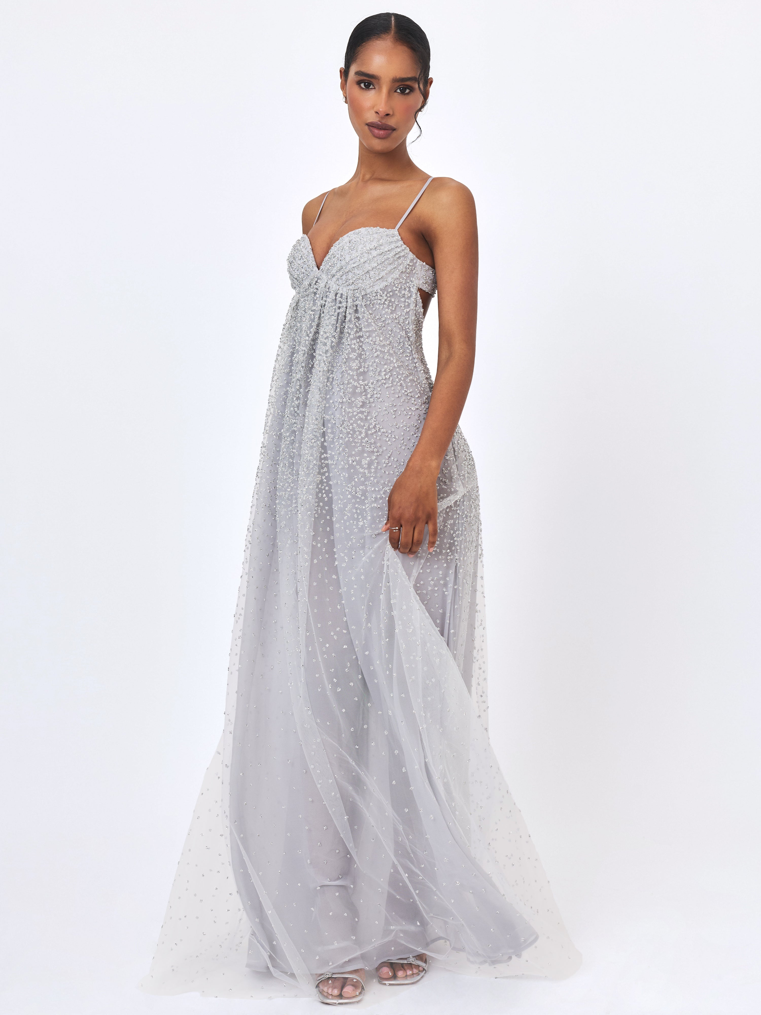 Wallie Silver Rhinestone Embellished Mesh Backless Gown