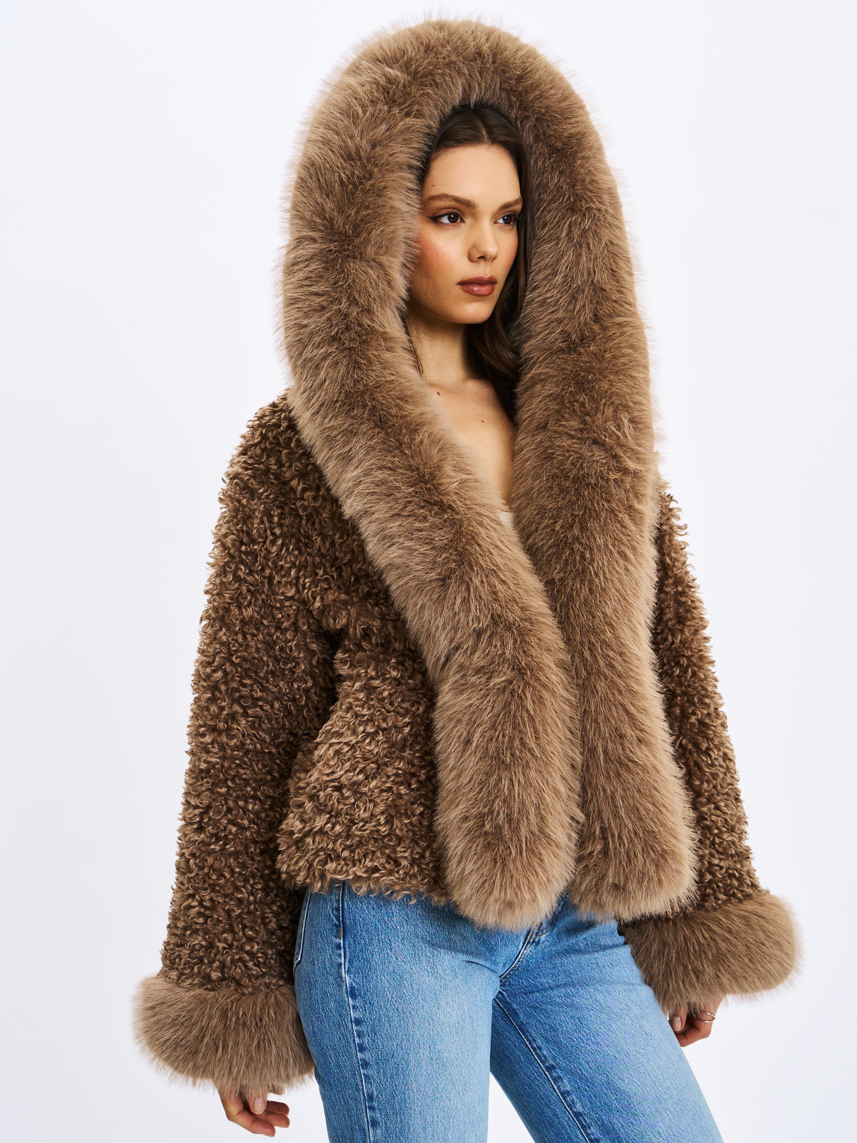 Jumbo Kali Camel Vegan Shearling Fur Trimmed Coat