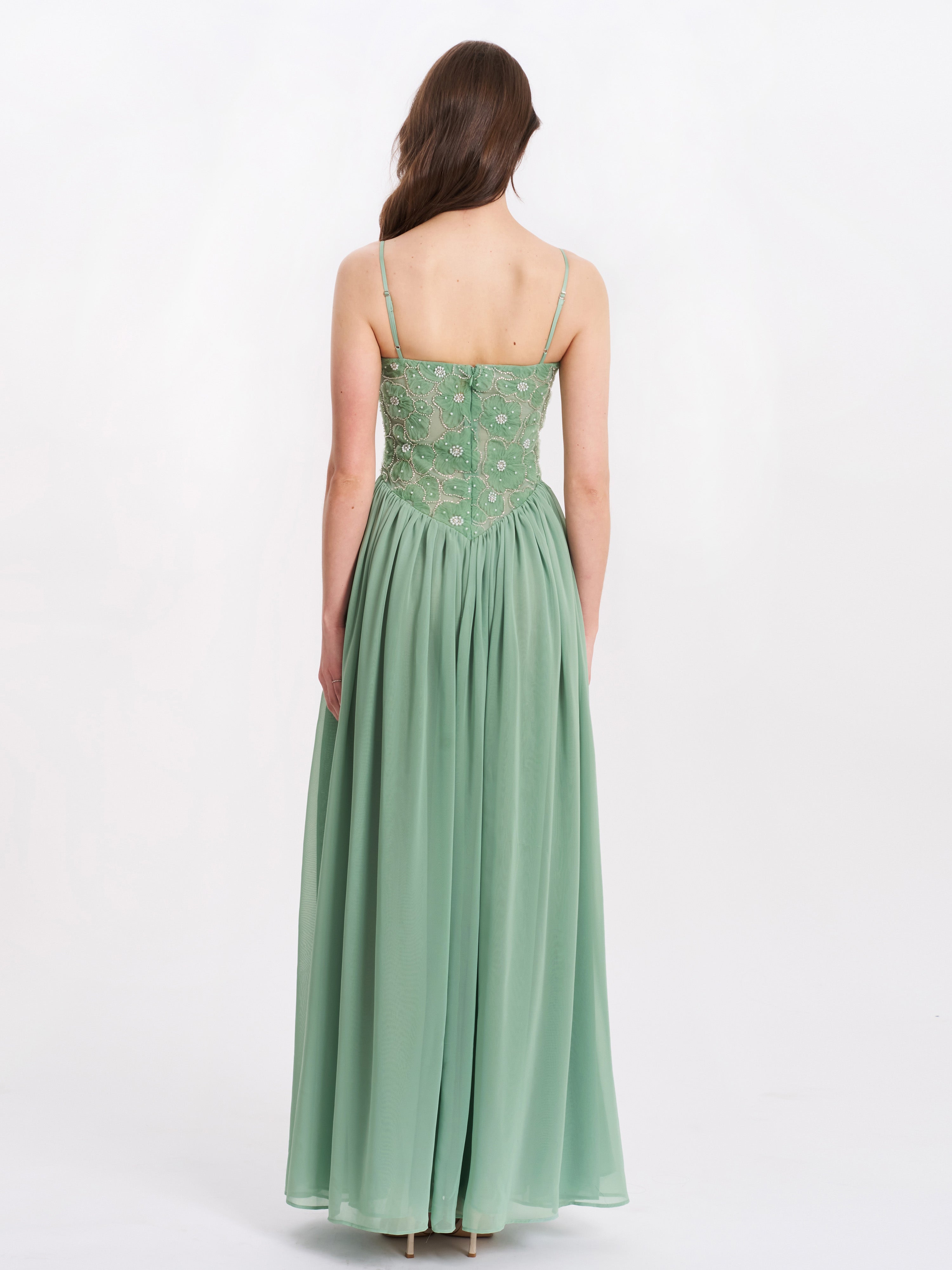Ucille Sage Green Embroidered Chiffon Maxi Dress (Archive Sale)