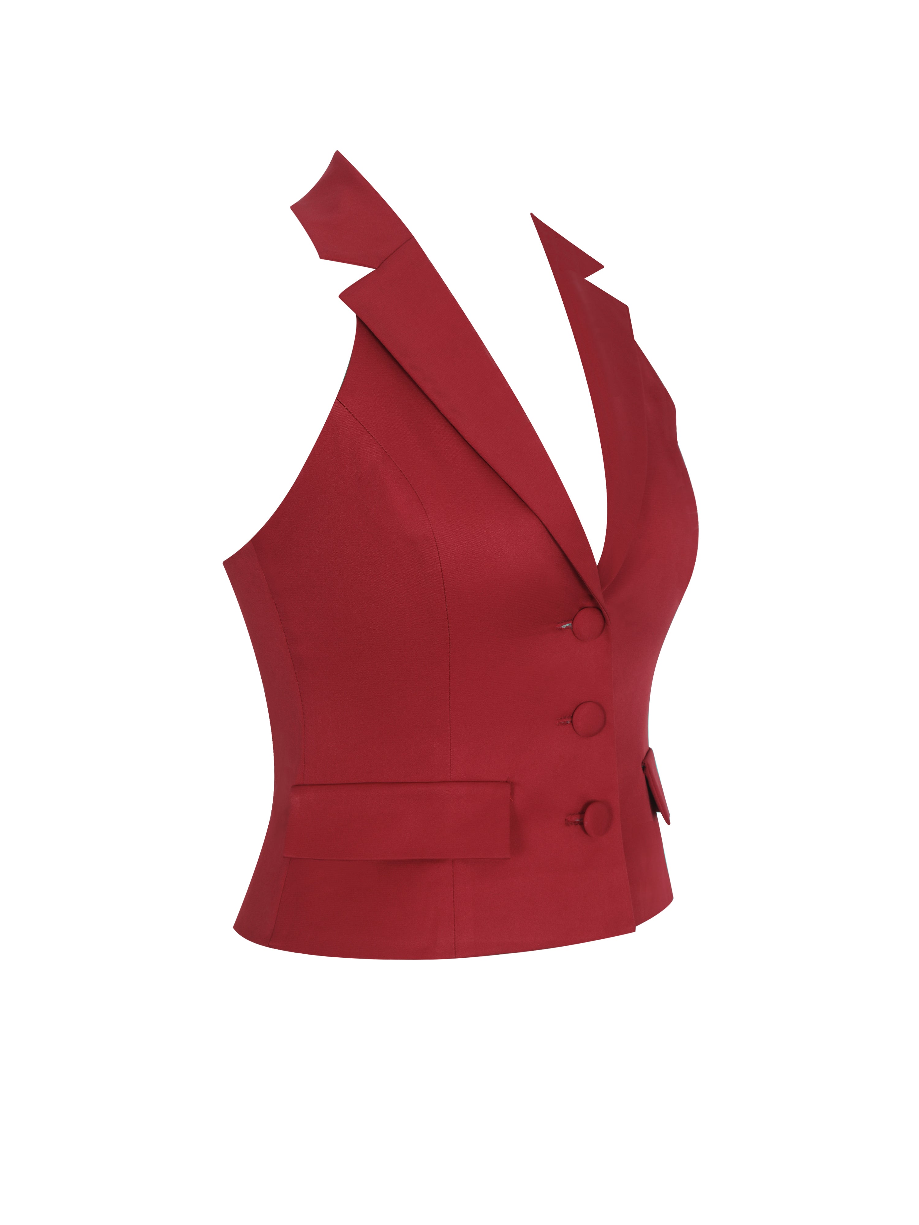 Ursella Crimson Halter Single-Breasted Lapel Top