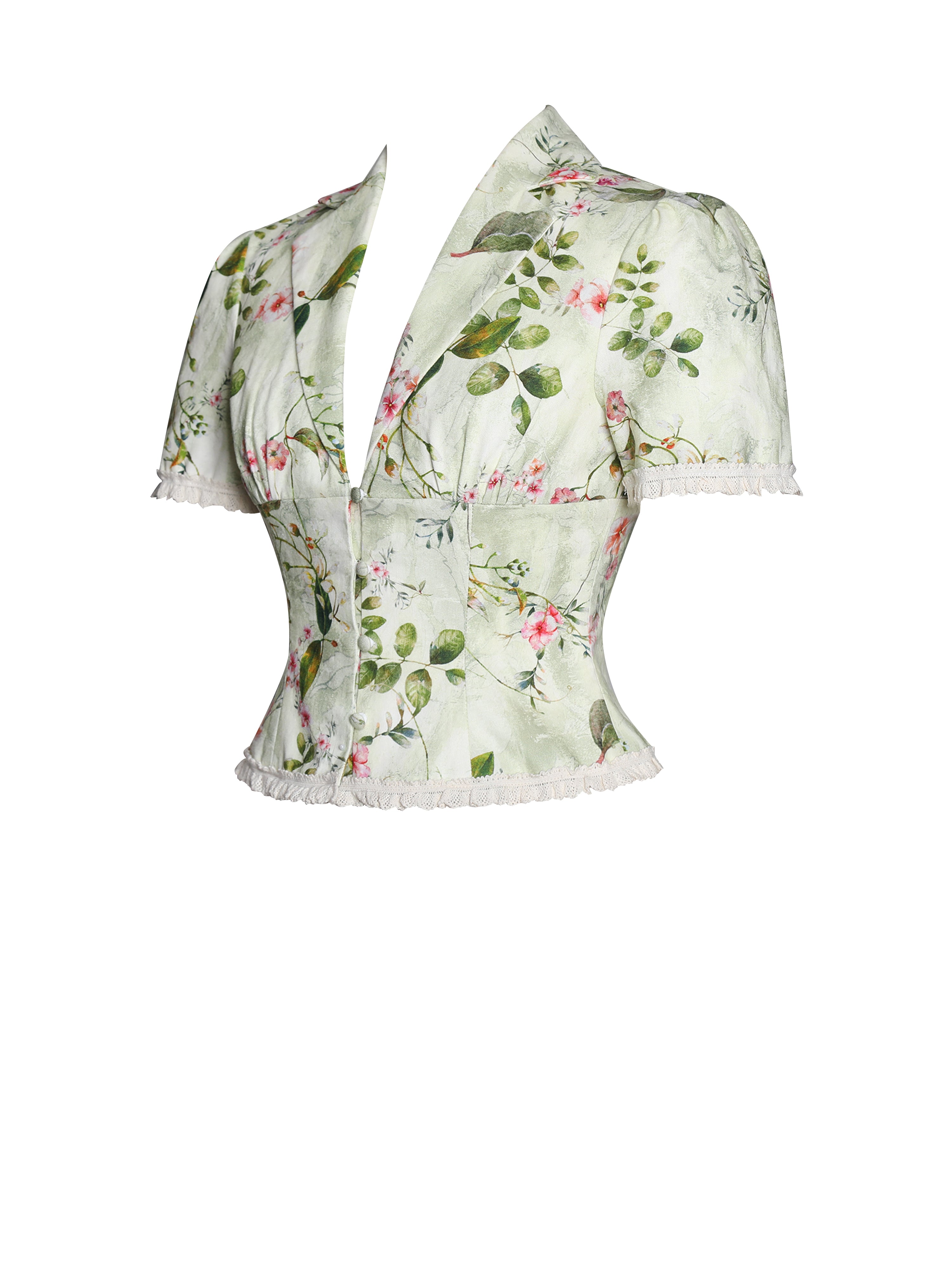Zanella Green Floral Print Lace Trim Linen Top