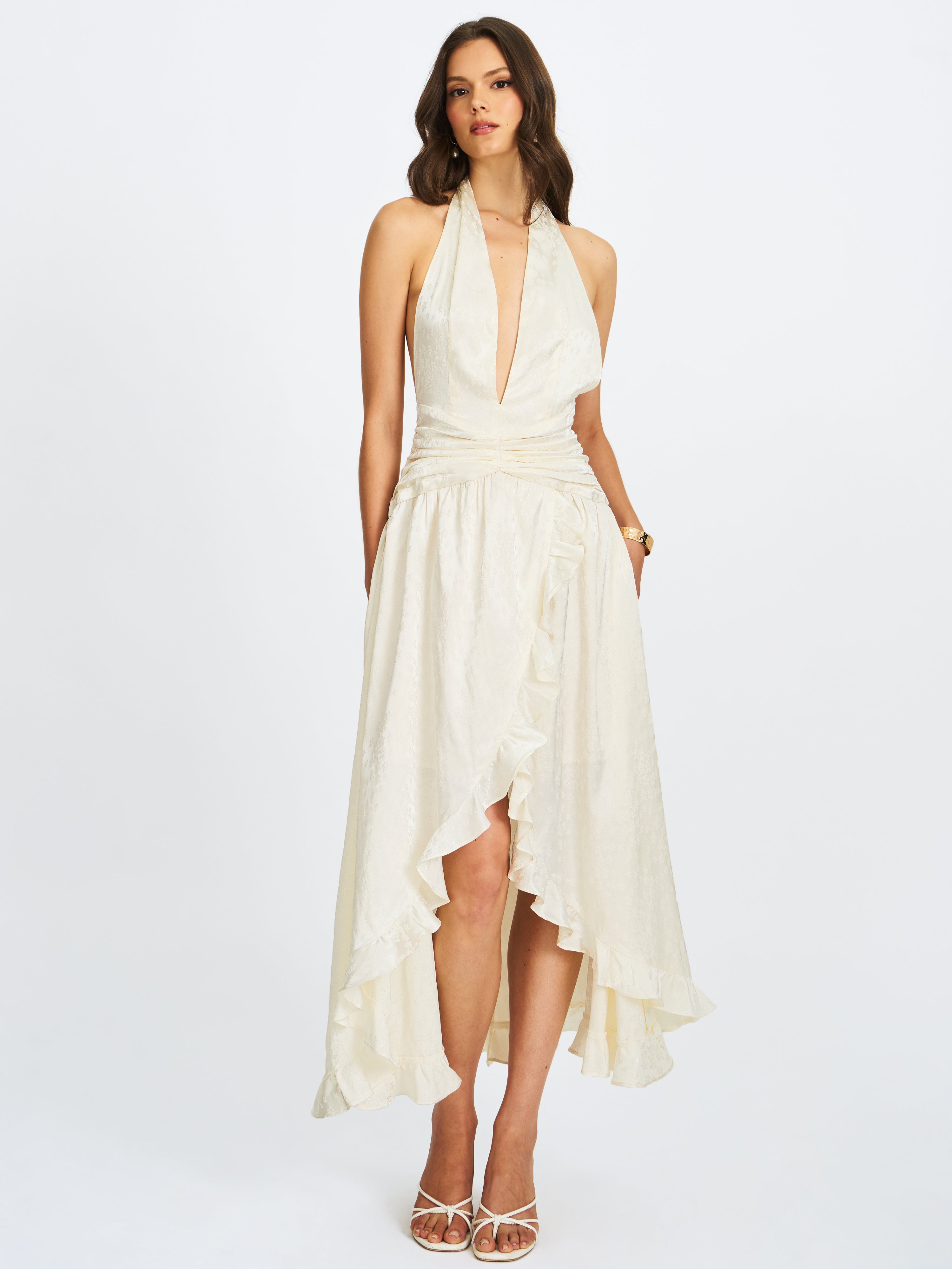 Nalani Floral Ivory Ruffled Halter Maxi Dress