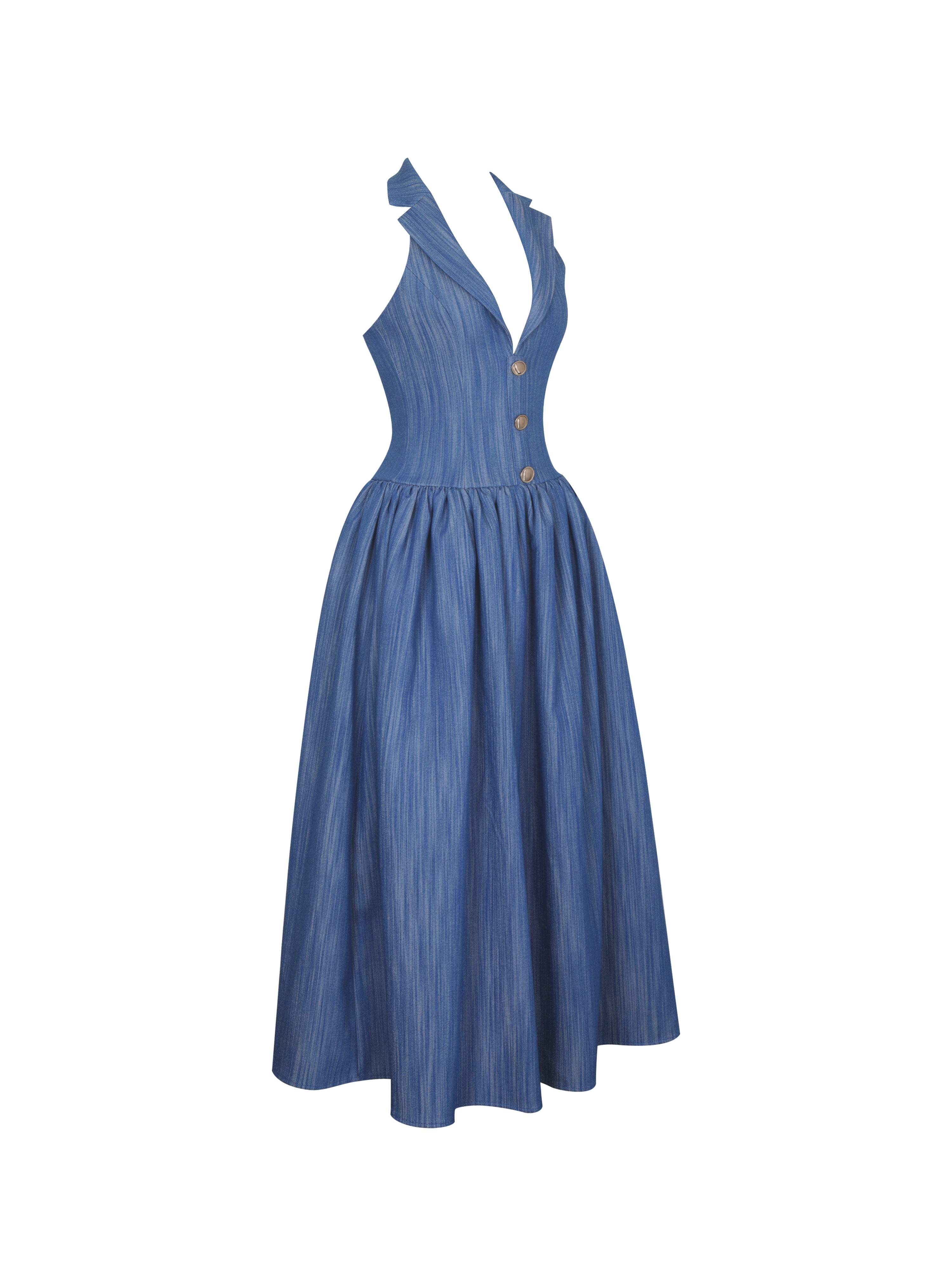 Xyan Navy Denim Lapel Halter A-Line Midi Dress