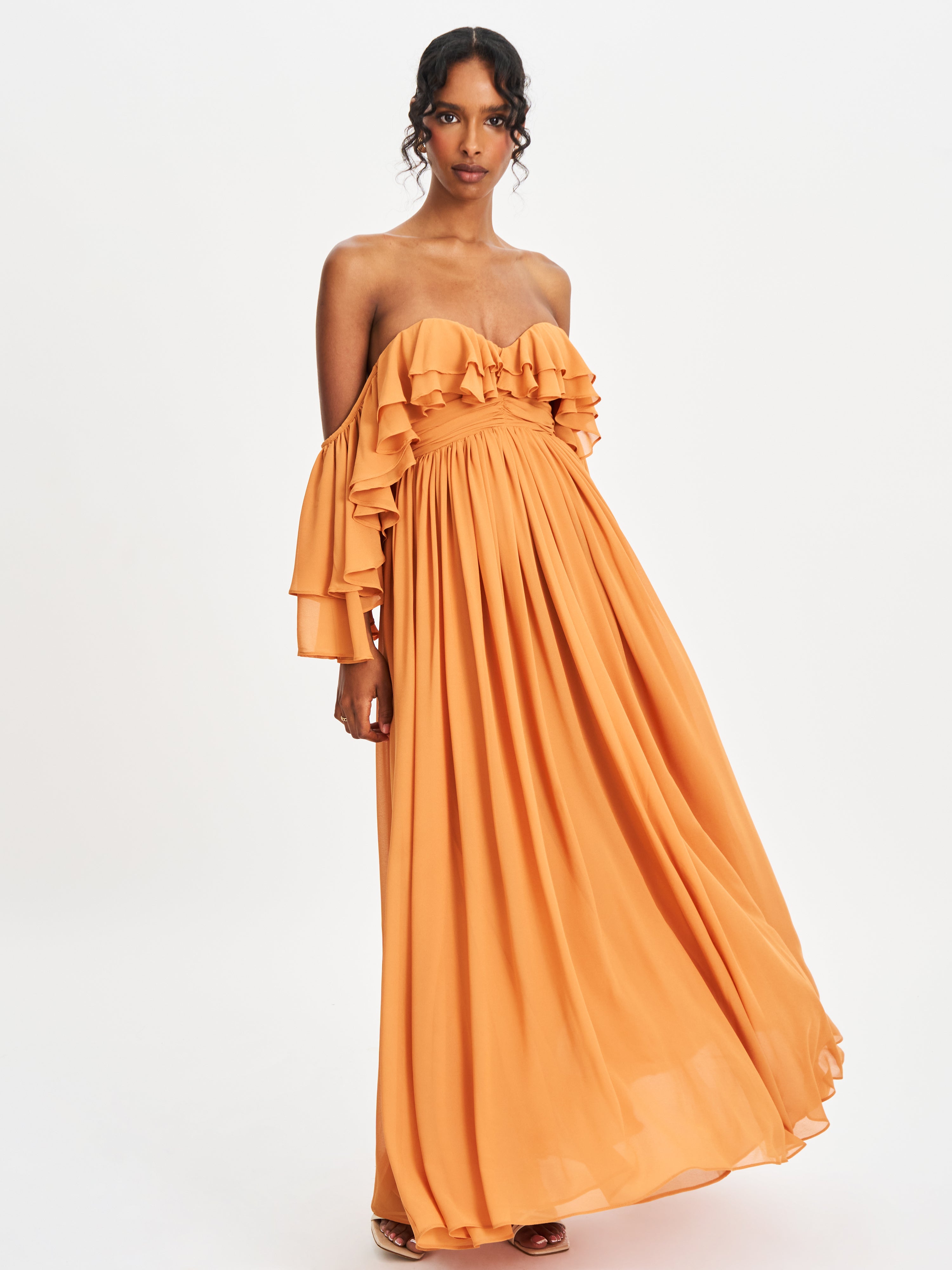 Kaela Brickwork Off Shoulder Chiffon Maxi Dress