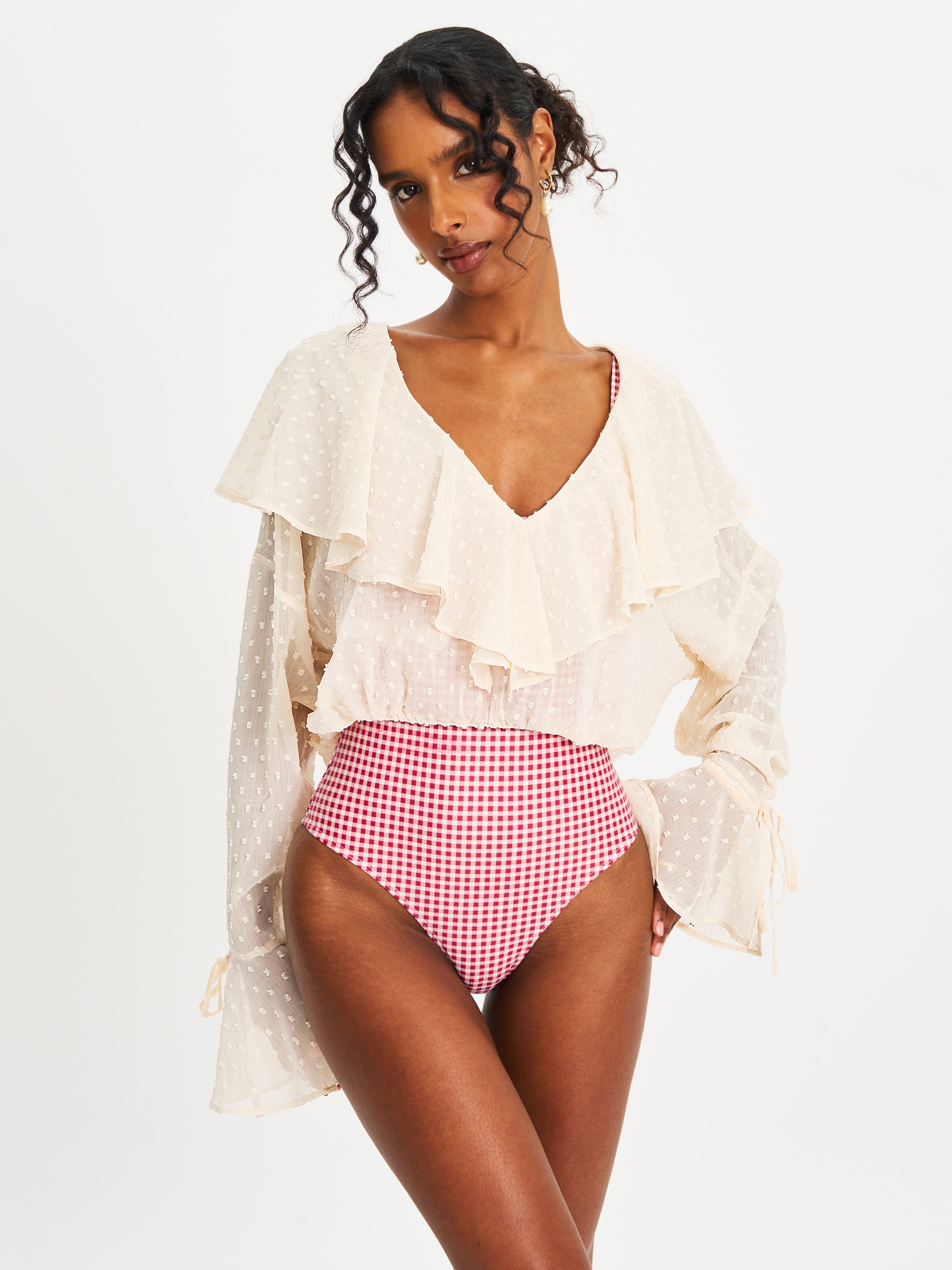 Magali Beige Dotted Mesh Ruffle V Collar Top