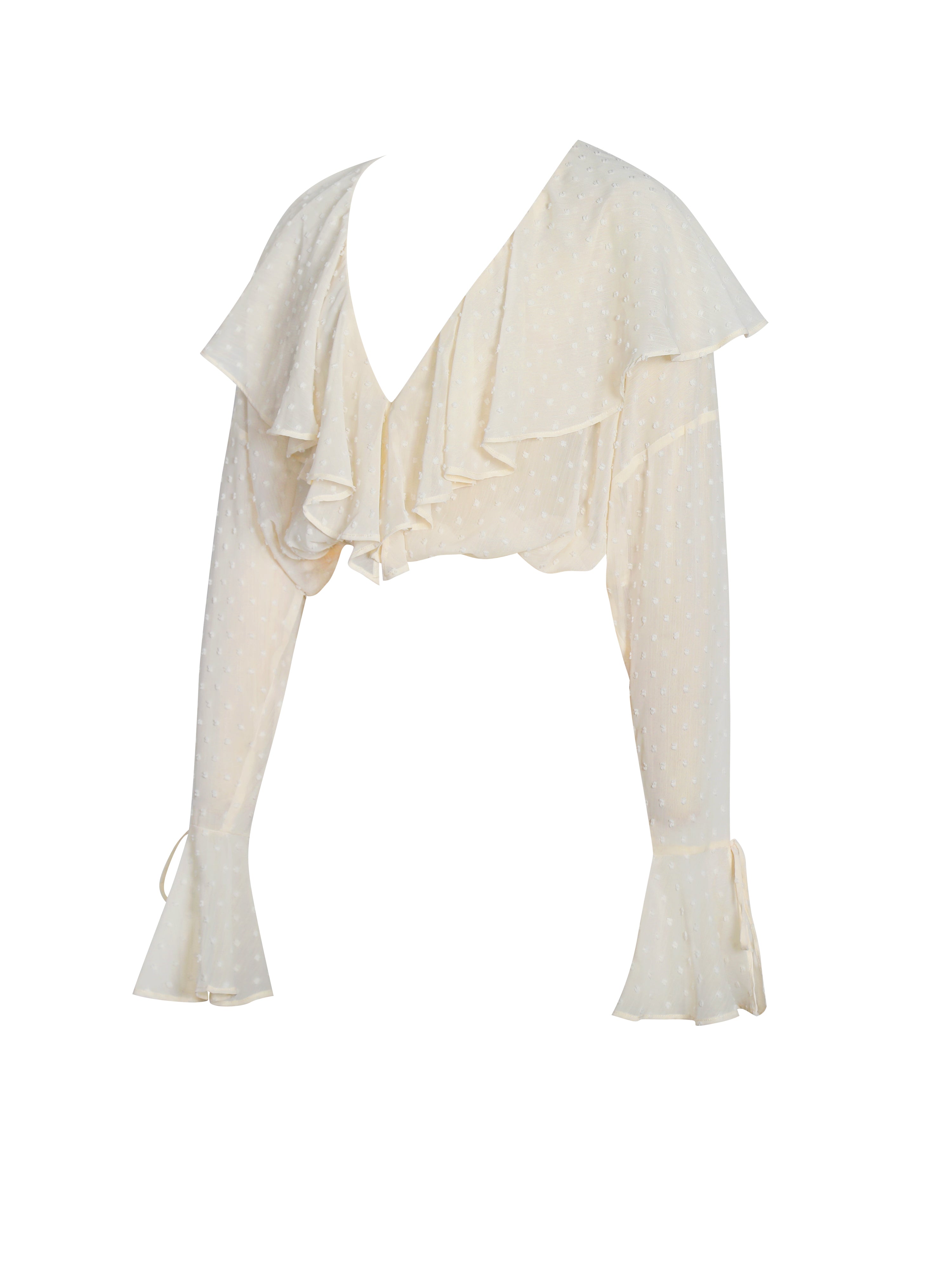 Magali Beige Dotted Mesh Ruffle V Collar Top