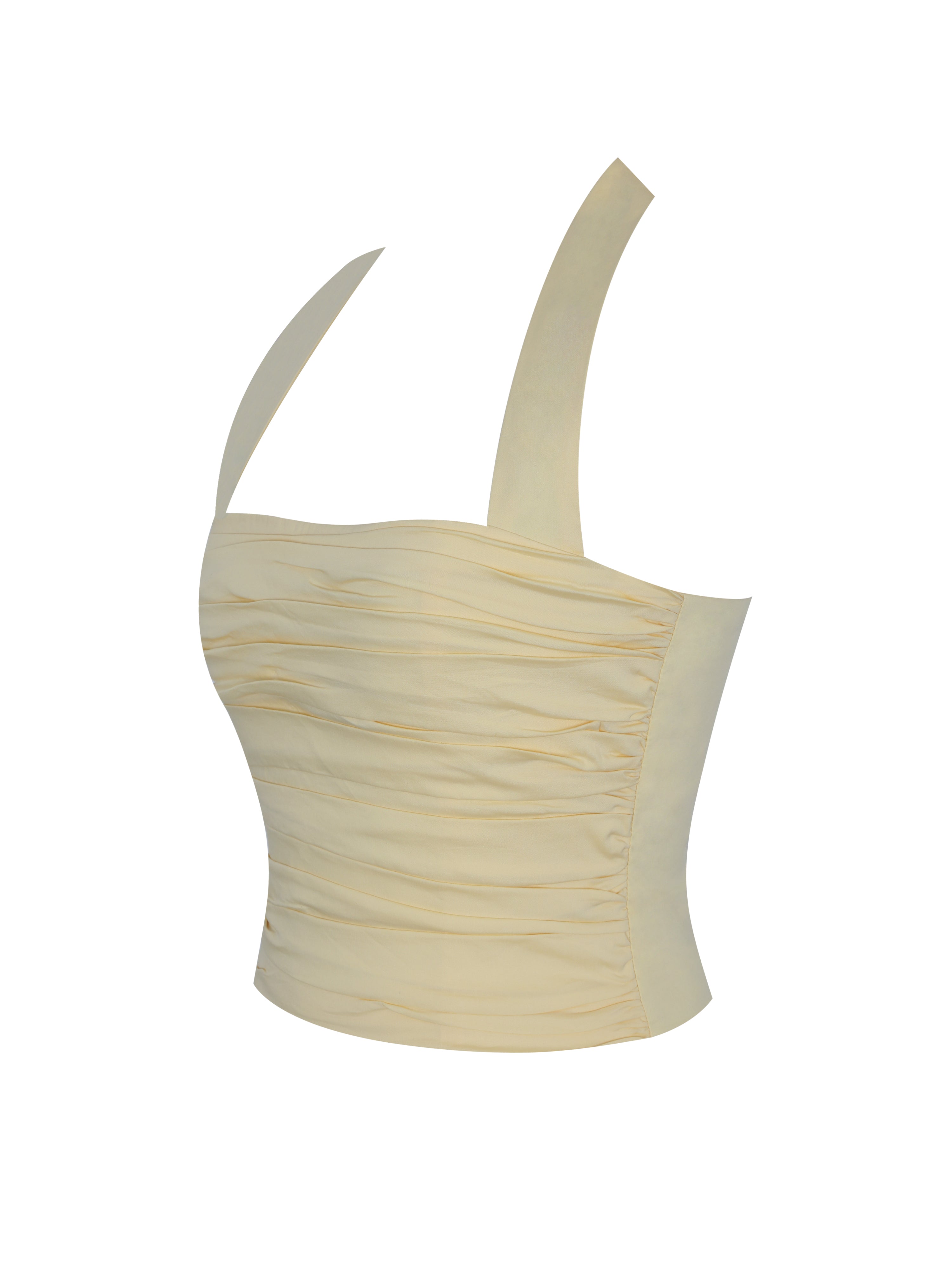 Wilsie Lemon Yellow Cotton Poplin Ruched Halter Top
