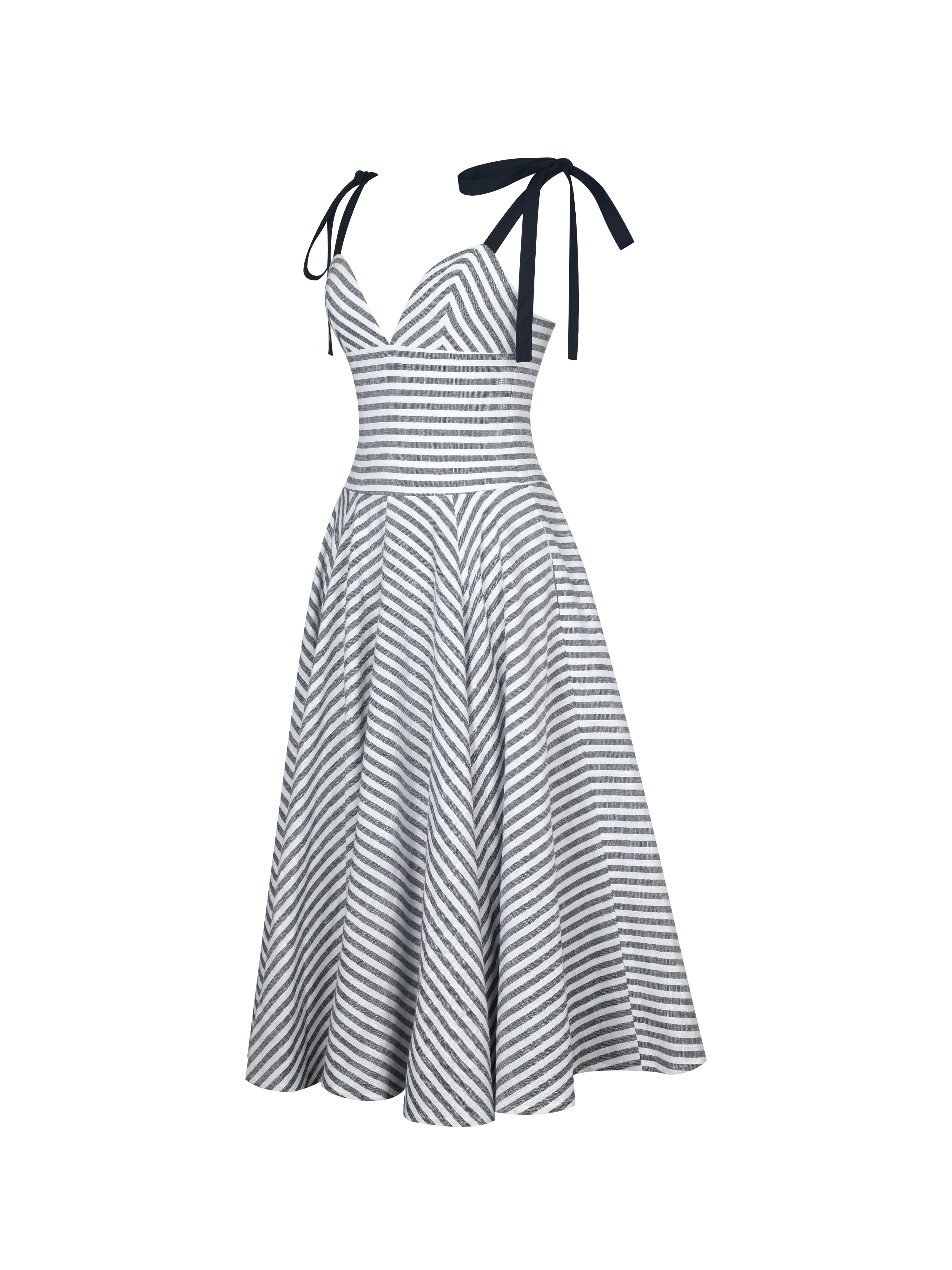 Riley Black & White Striped Linen Flared Midi Dress