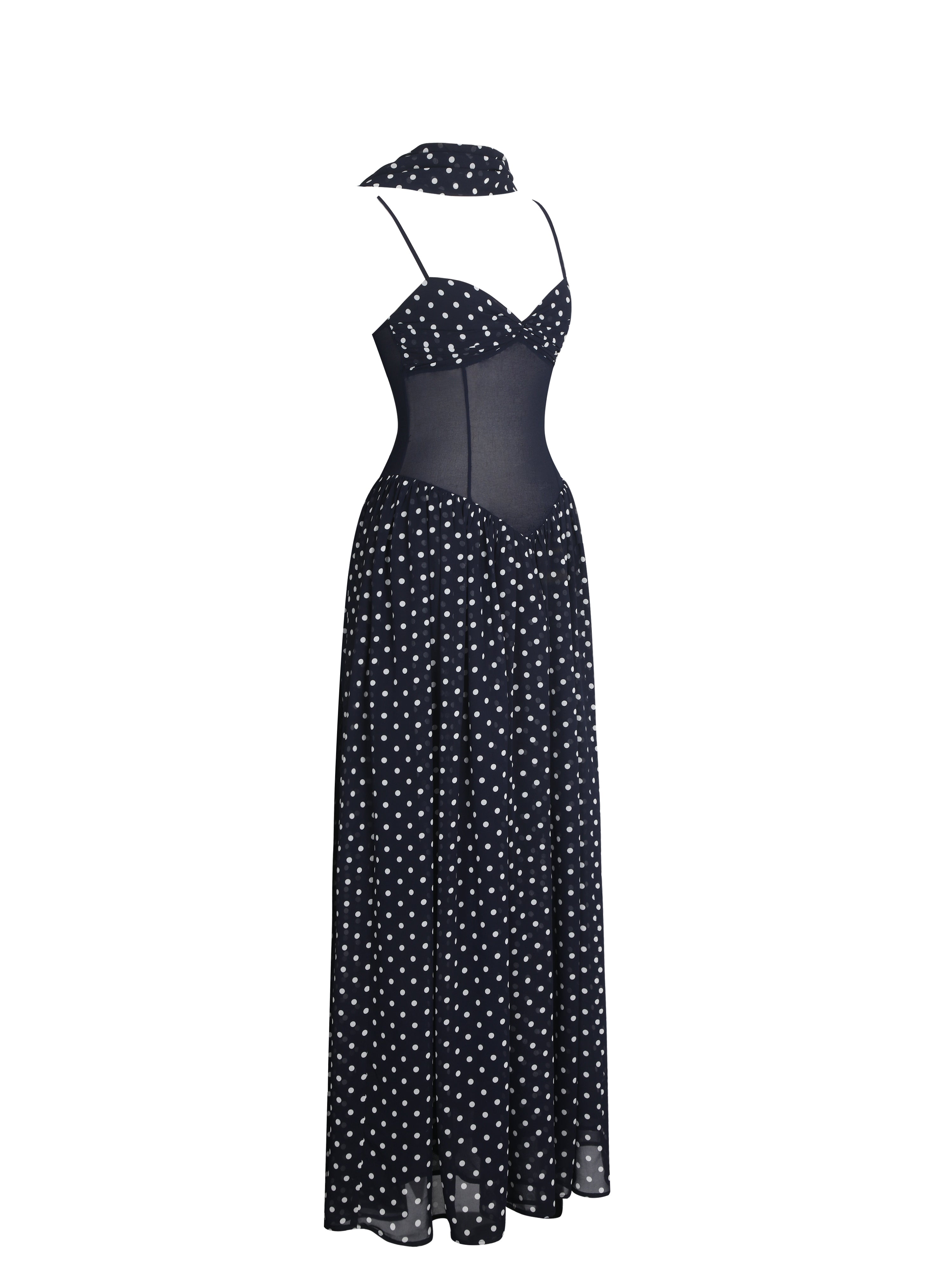 Juliette Navy Blue Polka Dot Chiffon Maxi Dress