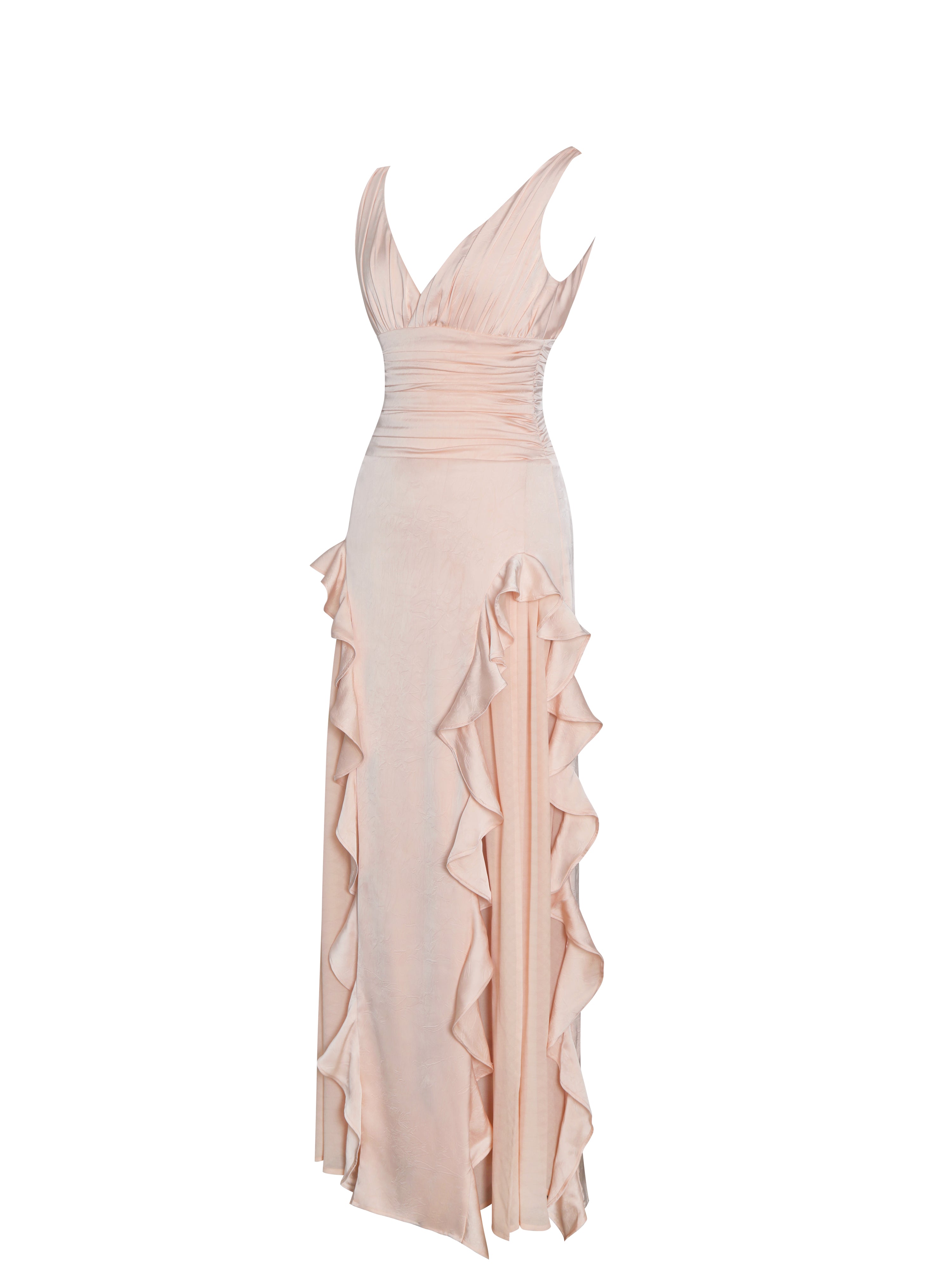 Talyssa Baby Pink Ruched Waist Double High Slit Maxi Gown