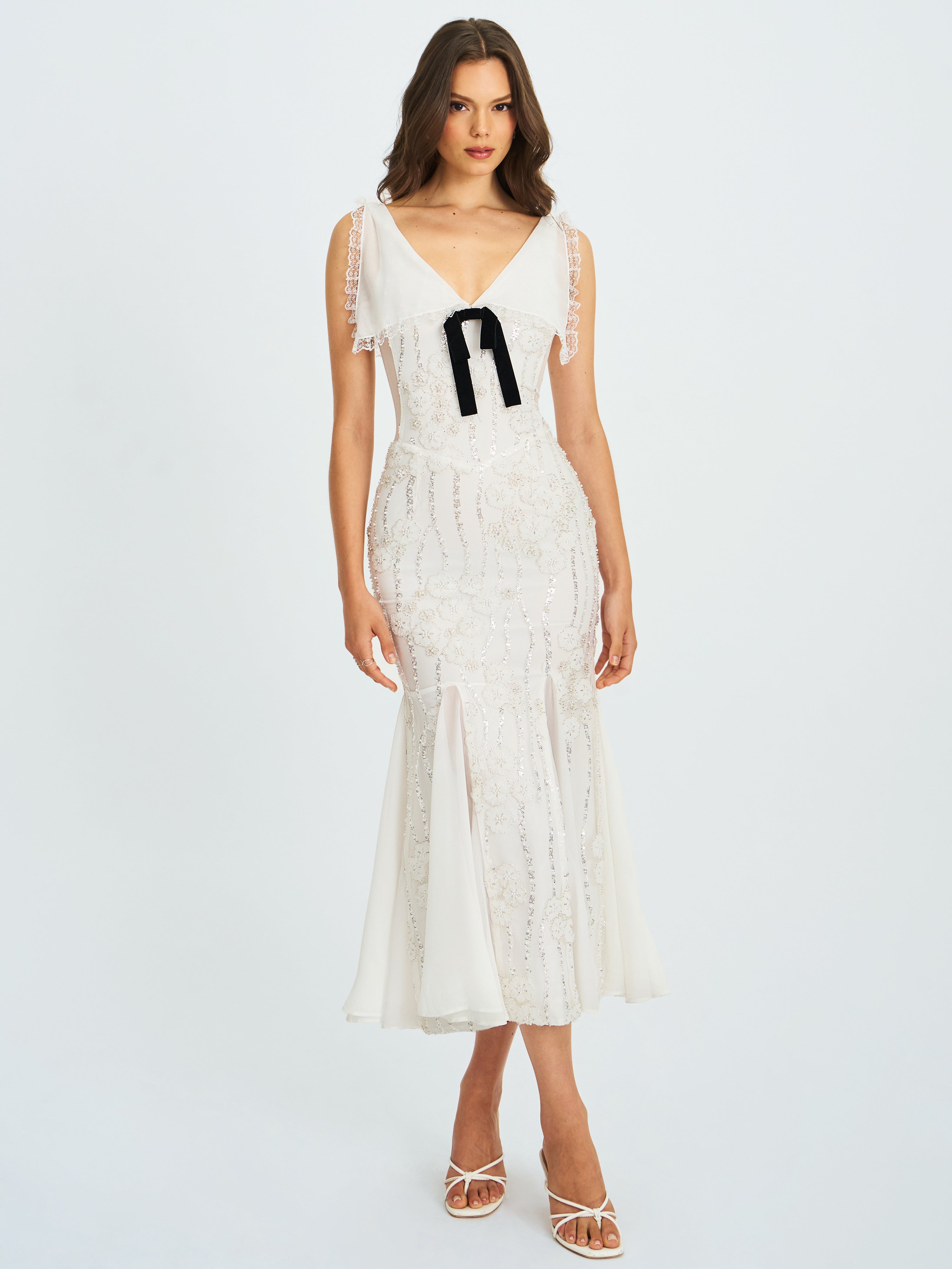 Paola White Peter Pan Collar Beaded Sequin Mermaid Midi Dress