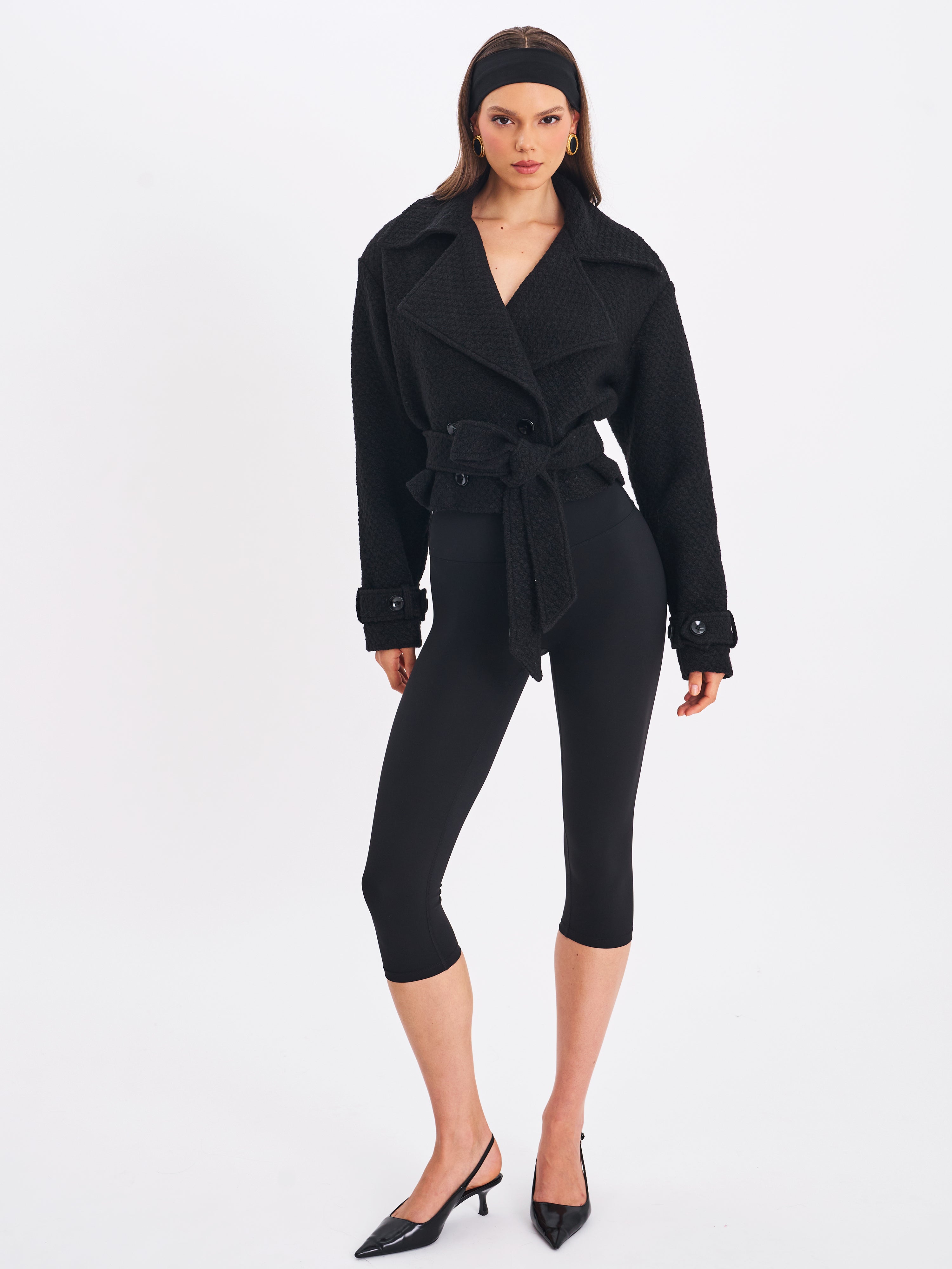 Dara Black Wool Blend Cropped Double-Breasted Belted Coat