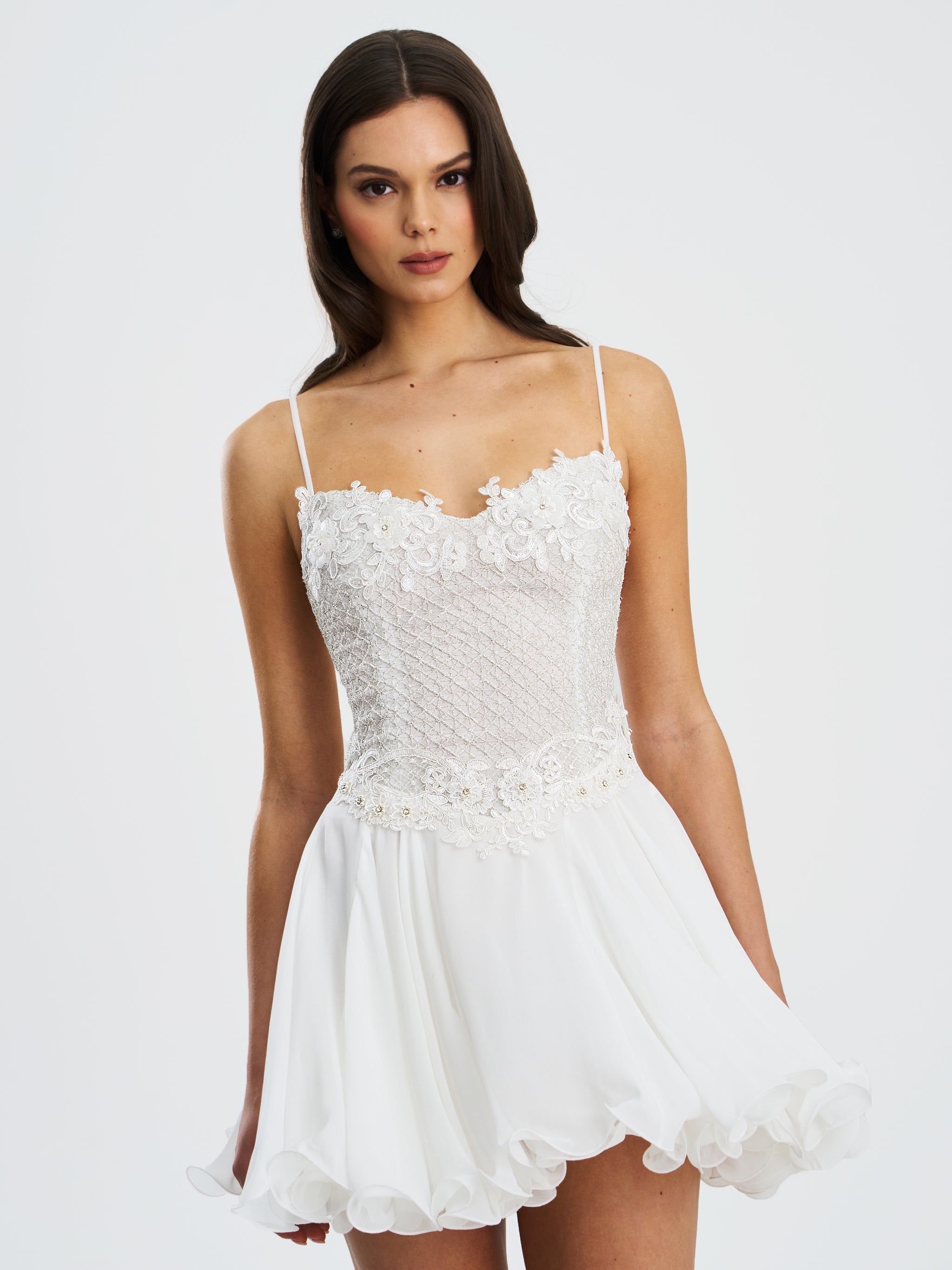 Miss Circle Women Fabiola Lace Trim Silver Net Top Mini Flare Chiffon Dress - White Miss Circle Women Fabiola Lace Trim Silver Net Top Mini Flare Chiffon Dress - White