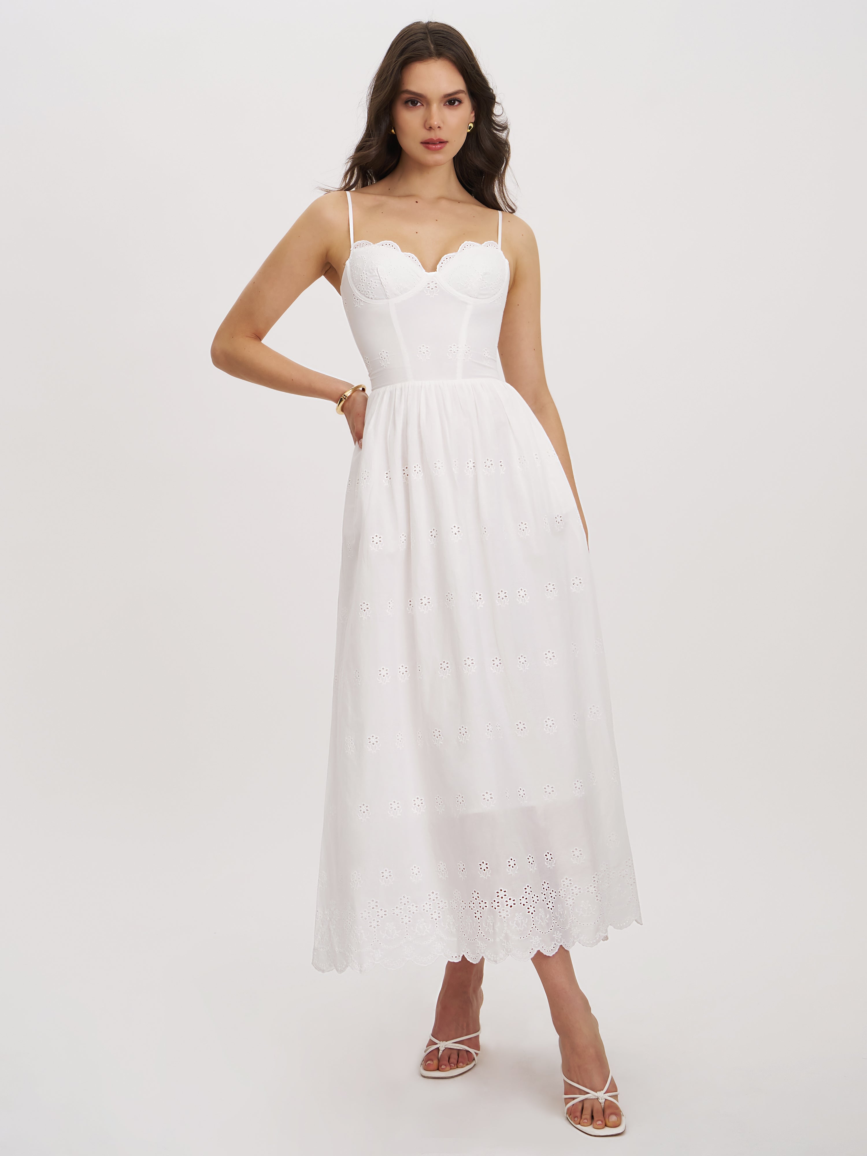 Oberon White Cotton Eyelet Lace-Up Back Maxi Dress