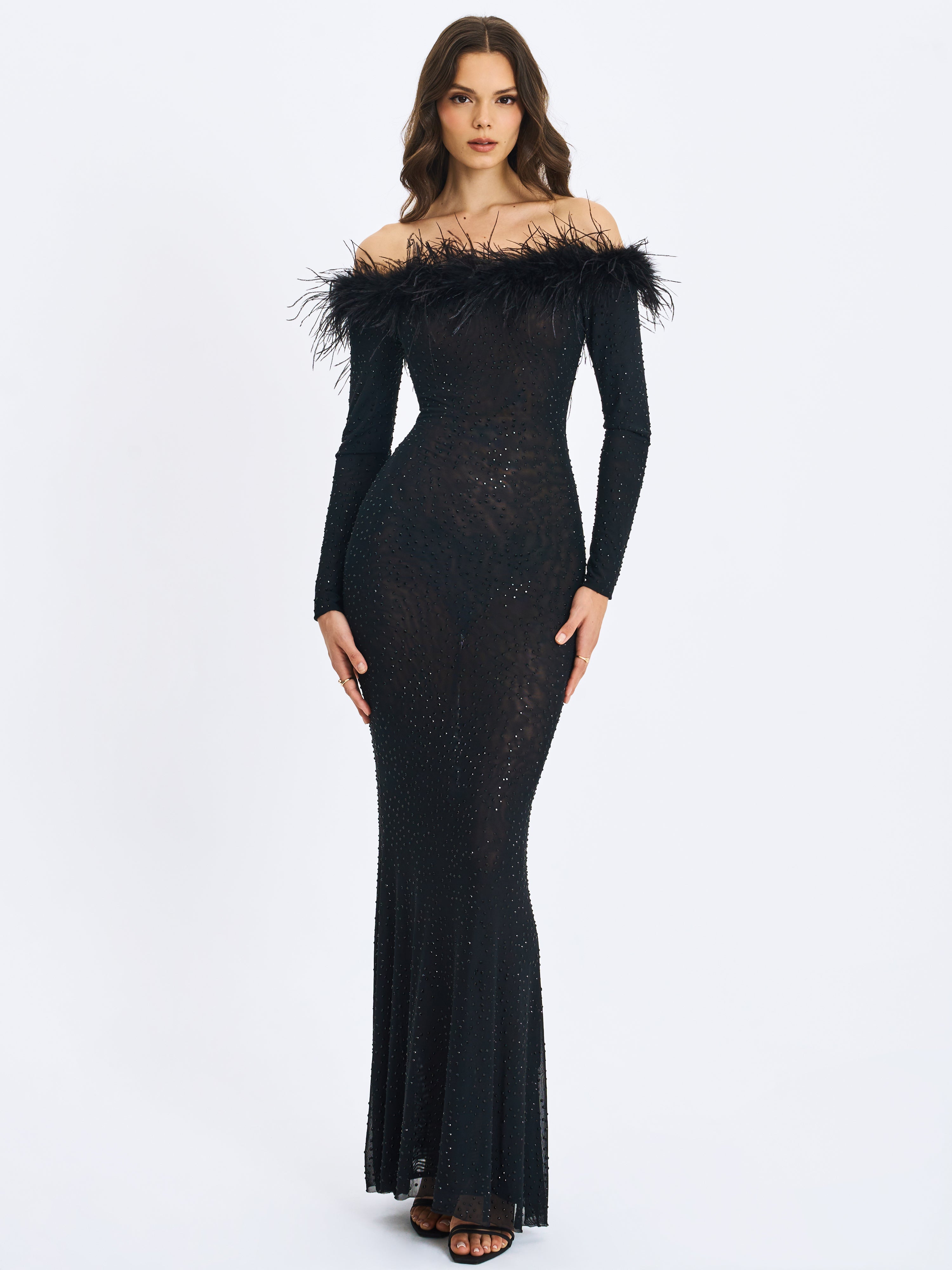 Emberly Black Fur Trimmed Off-Shoulder Rhinestone Mesh Mermaid Dress