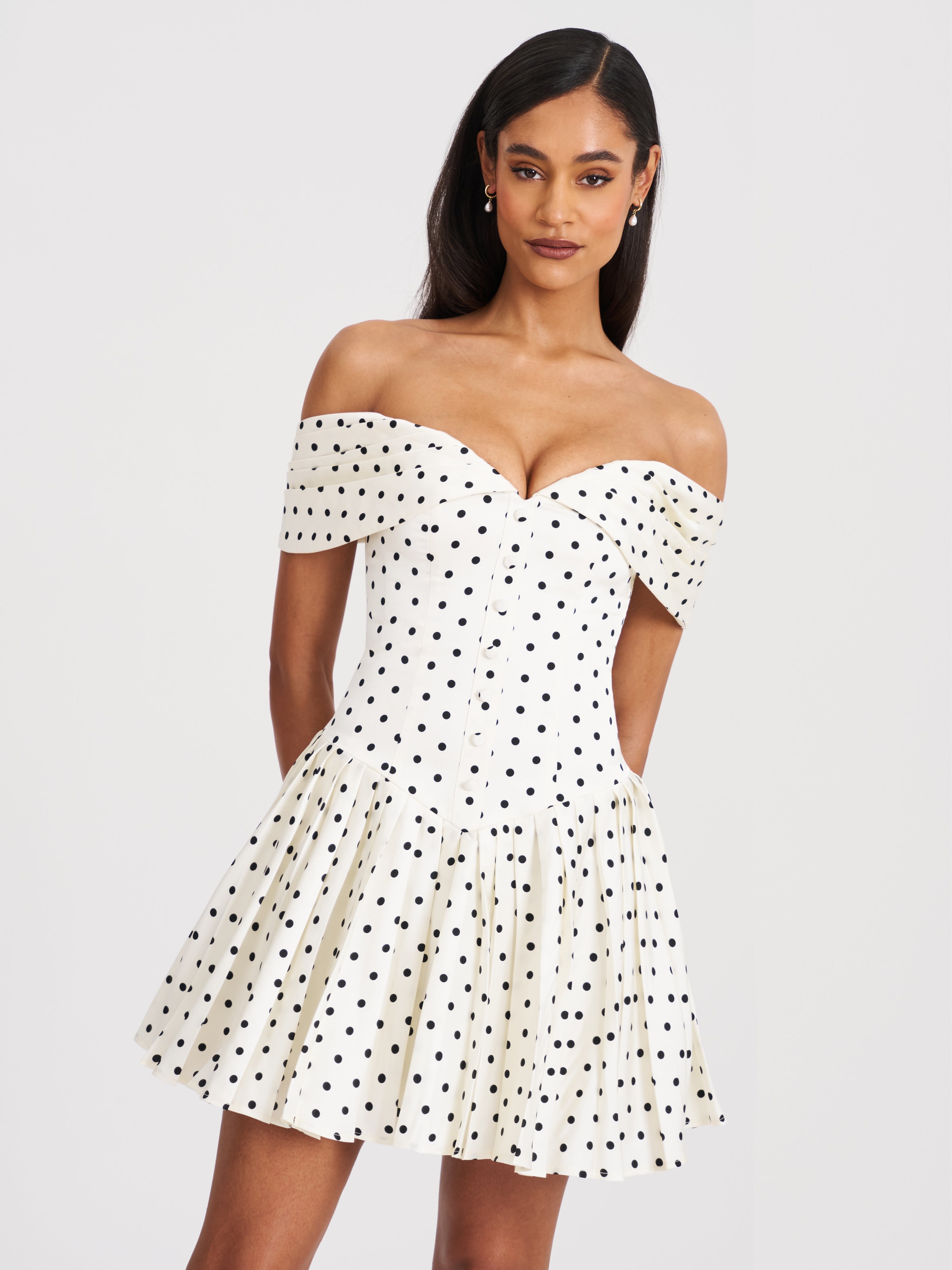 Edeline Polka Dot Off-shoulder Pleated Mini Dress