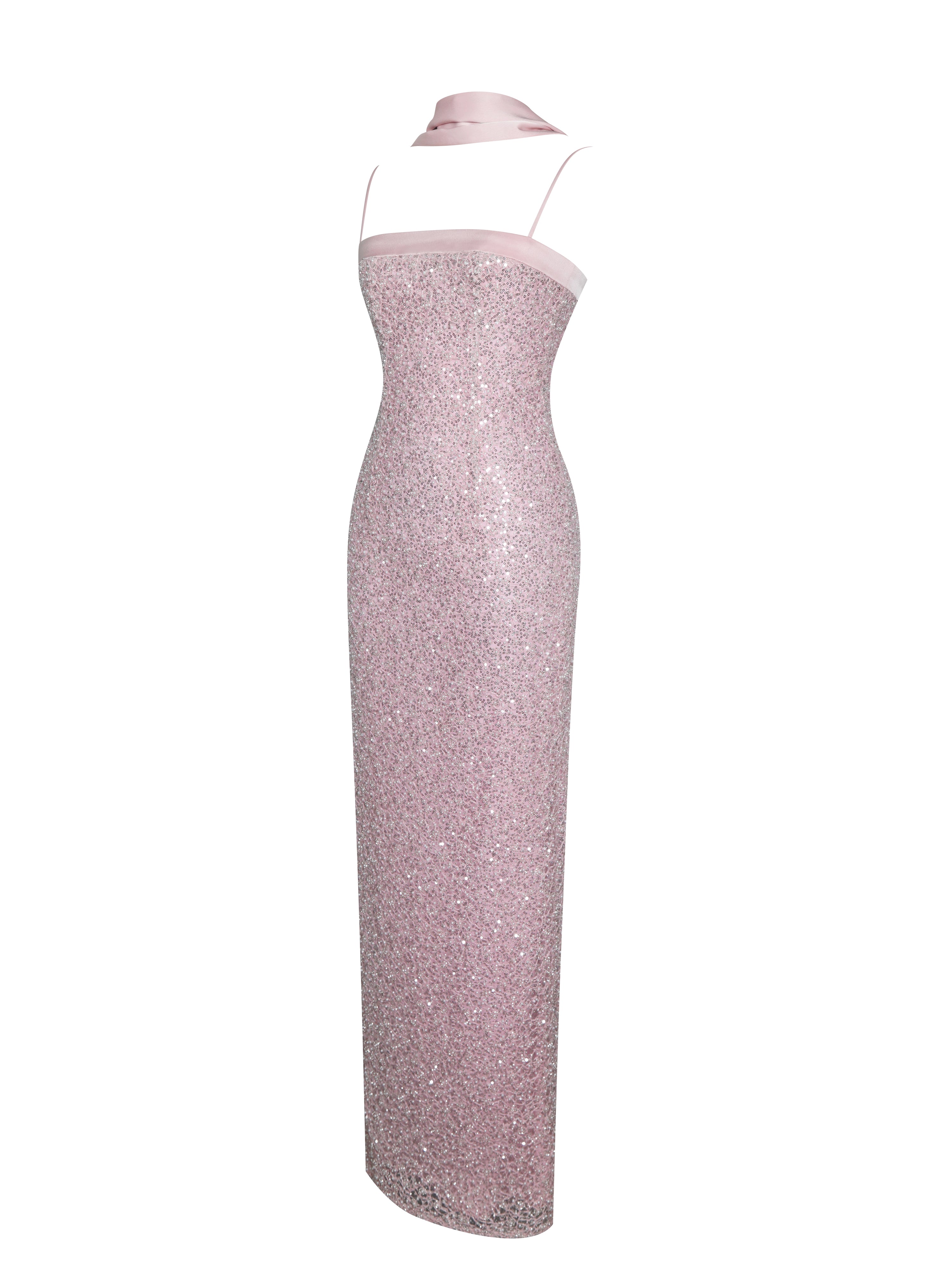 Raizel Pink Beaded Sequin Bodycon Gown with Scarf