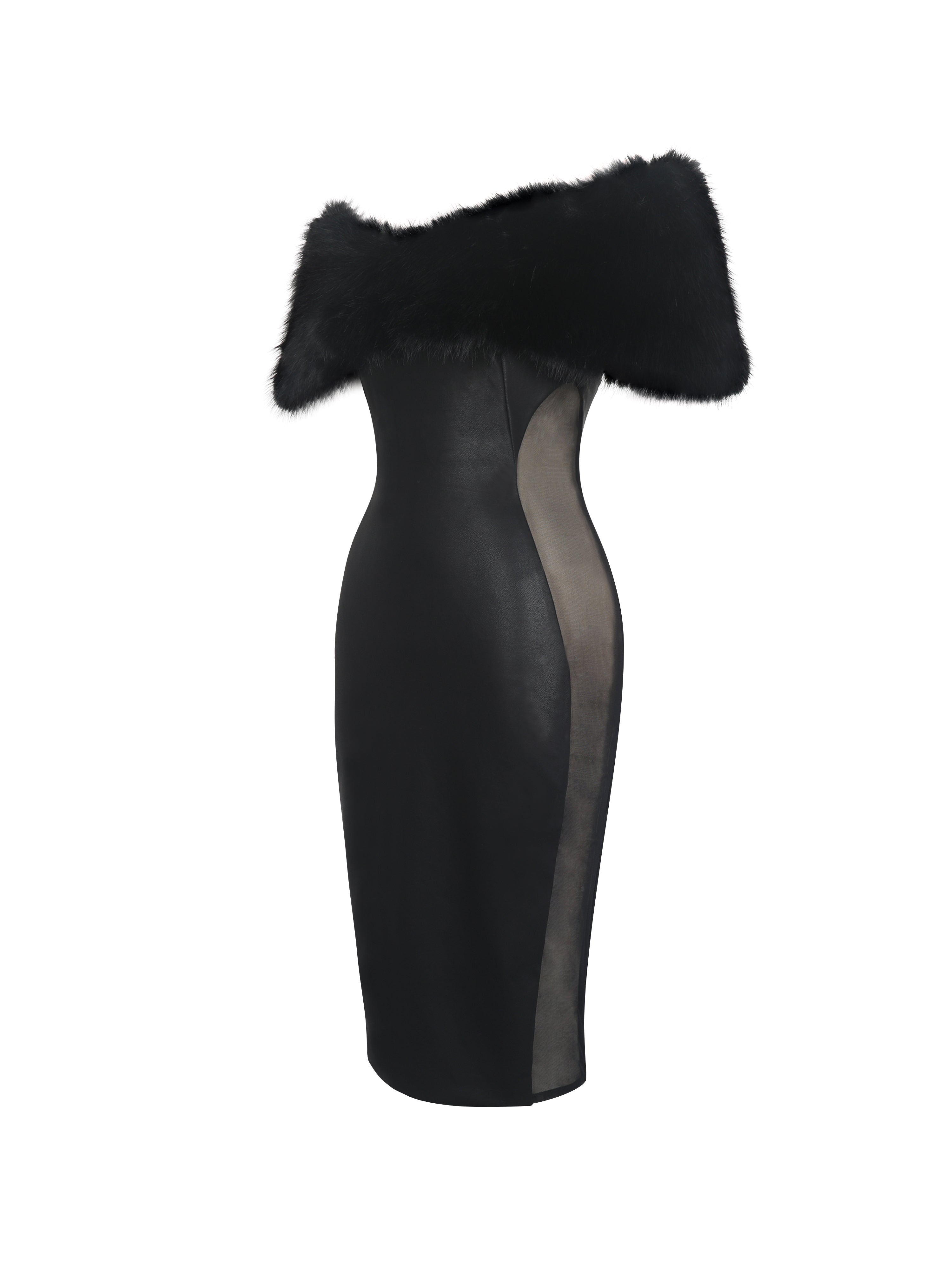 Bellis Black Fur Trim Mesh Panel Off-Shoulder Midi Dress
