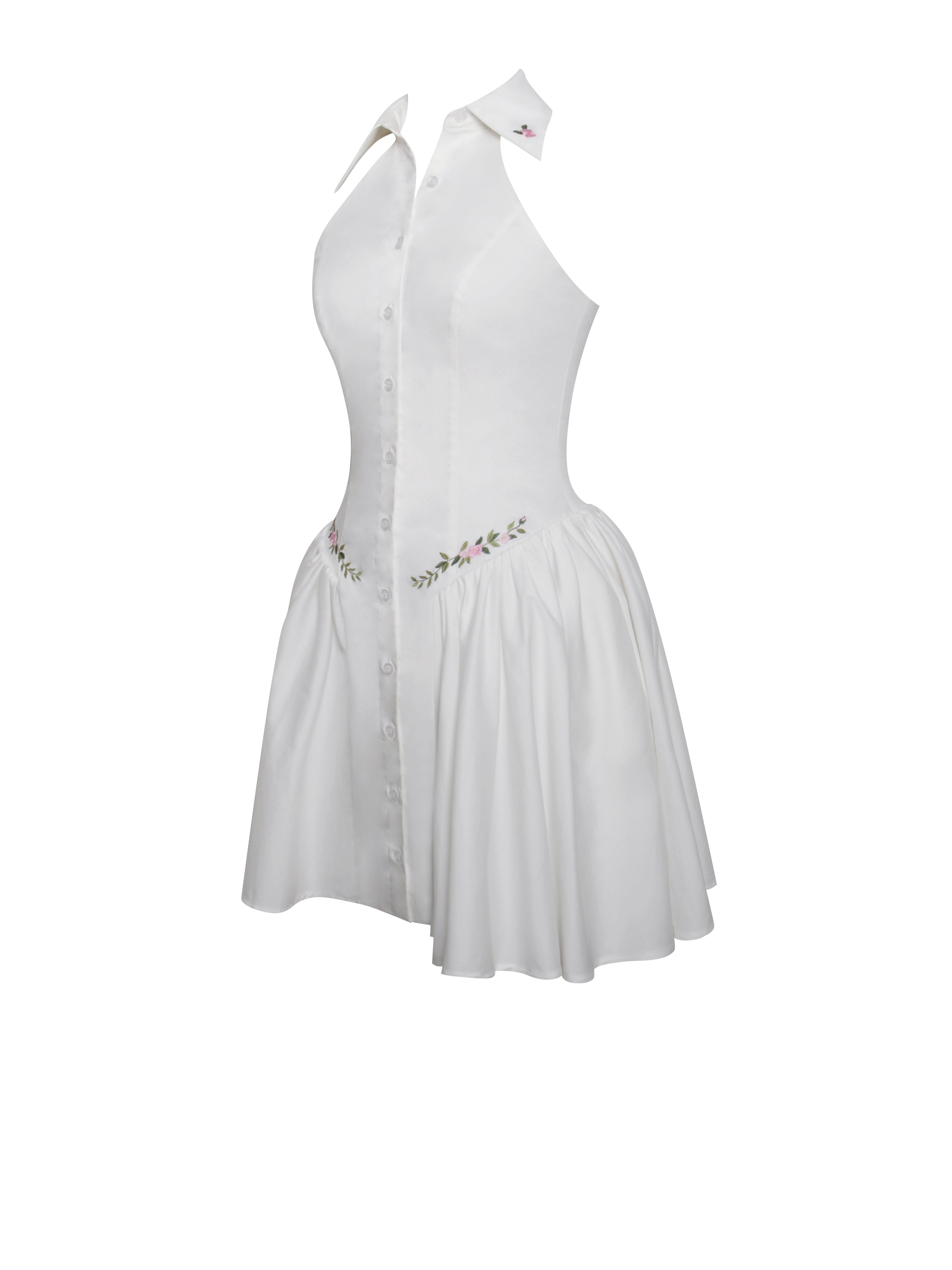 Hailey White Embroidered Collared Halter Drop Waist Mini Dress (Archive Sale)